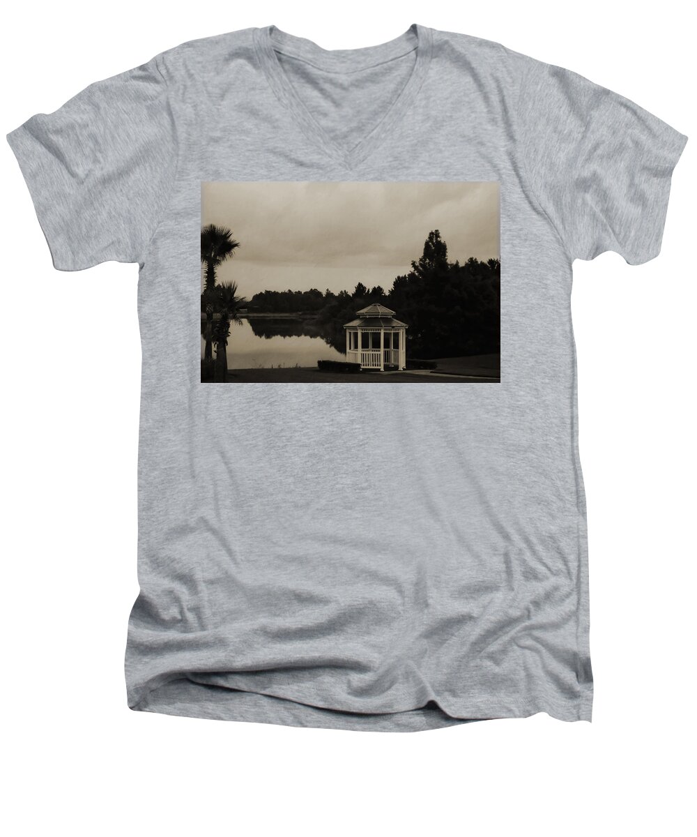 Lake Men's V-Neck T-Shirt featuring the photograph The Gazebo at the Lake by DigiArt Diaries by Vicky B Fuller