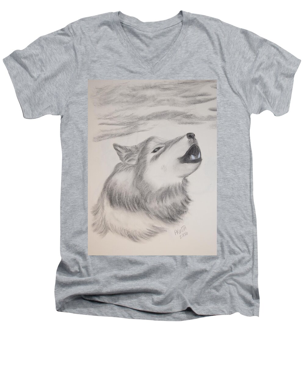 Wolf Men's V-Neck T-Shirt featuring the drawing The Howler by Maria Urso