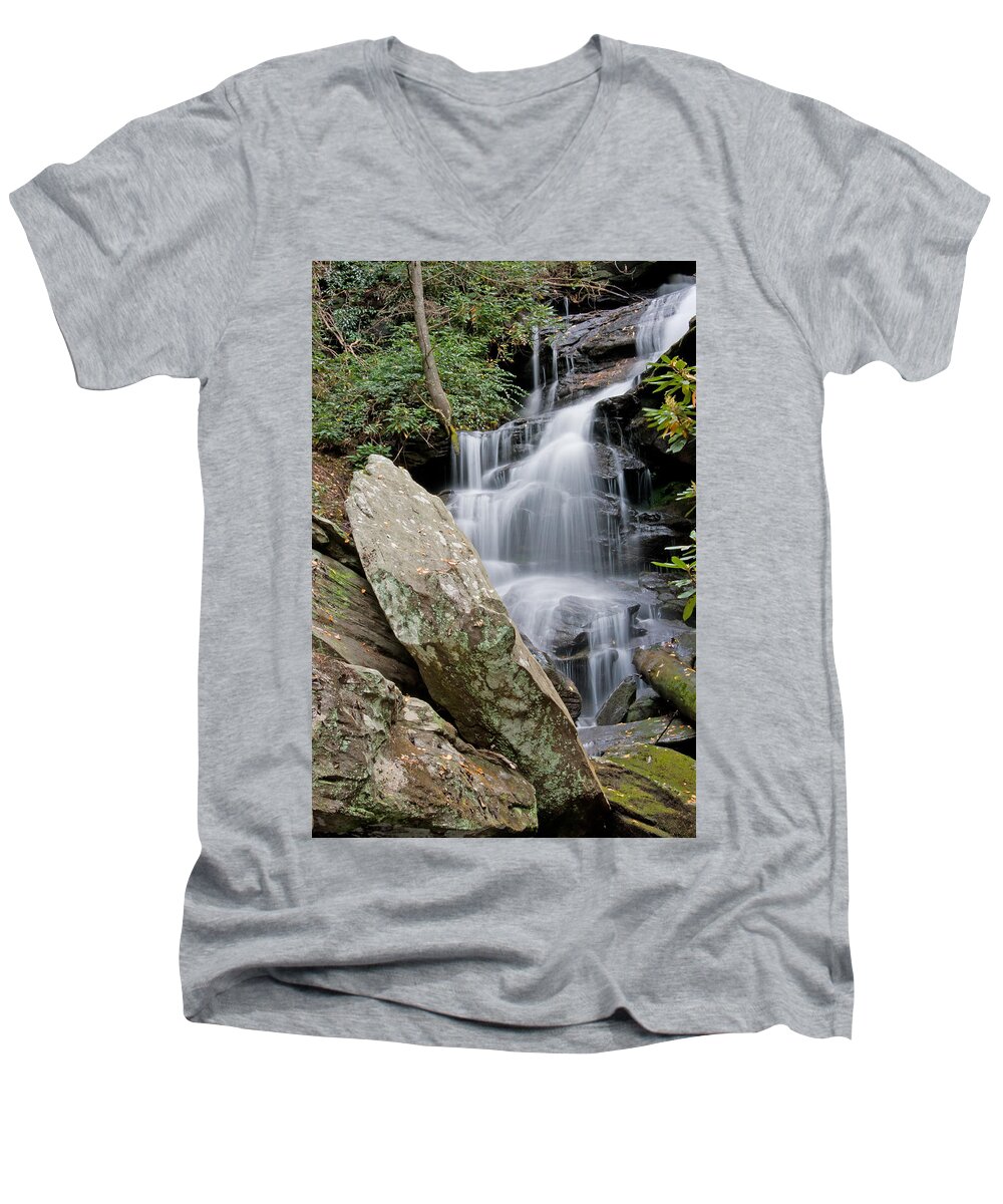 Great Smoky Mountains Men's V-Neck T-Shirt featuring the photograph Tranquil Waterfall by Angie Schutt