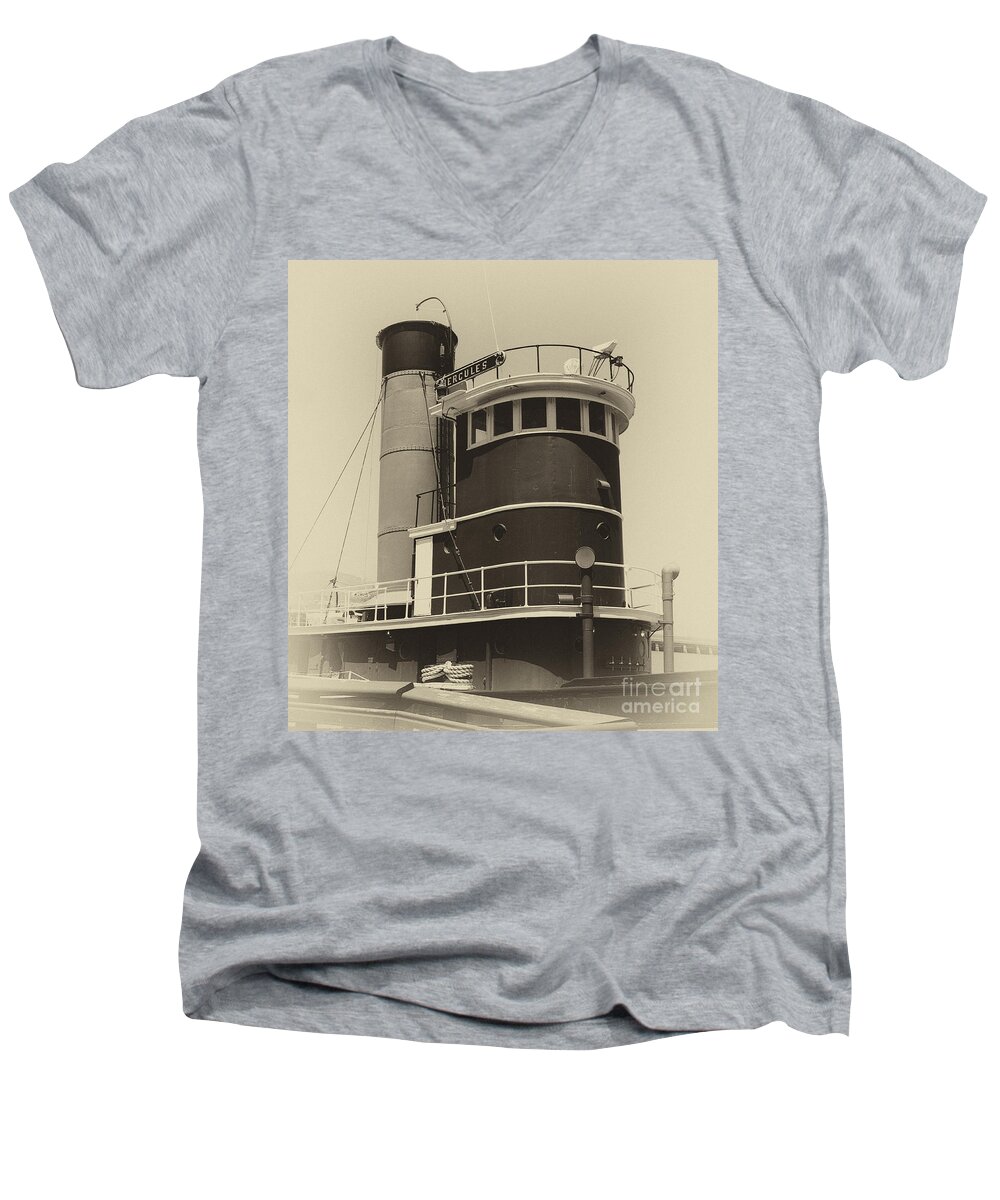 Tug Men's V-Neck T-Shirt featuring the photograph Tug Boat Black and White by Jim And Emily Bush