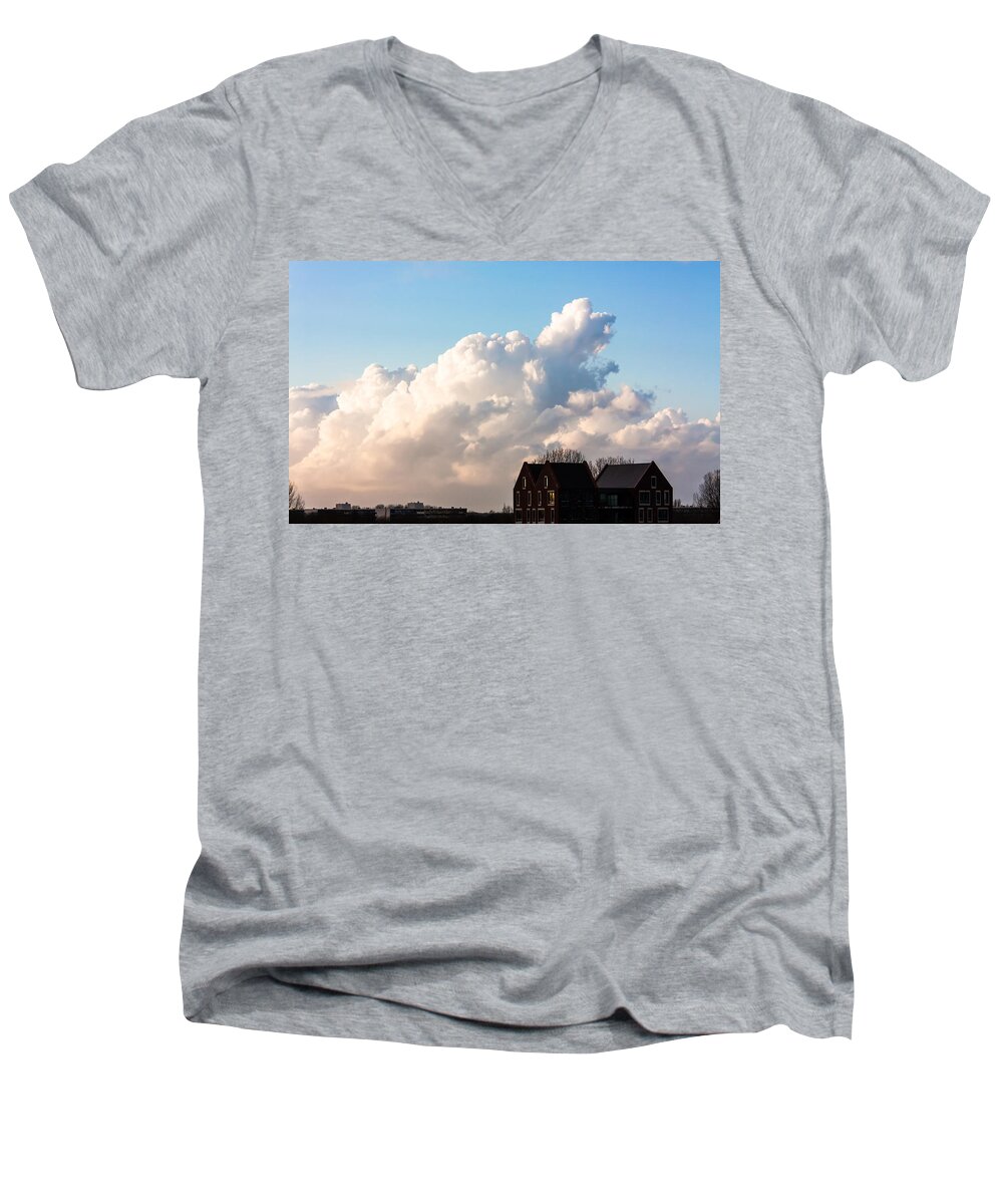 Blue Men's V-Neck T-Shirt featuring the photograph Two Houses One Cloud by Semmick Photo