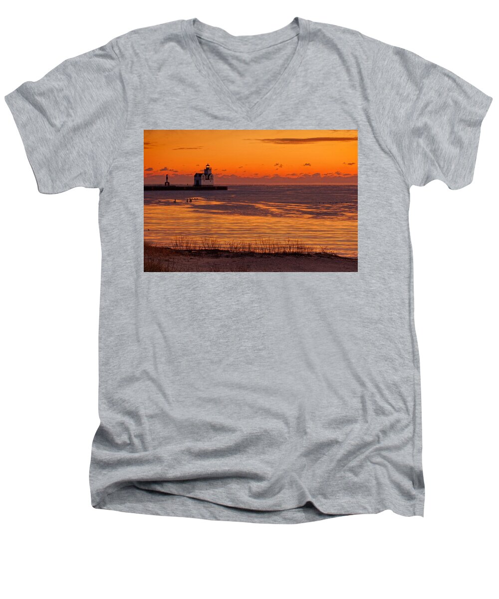 Lighthouse Men's V-Neck T-Shirt featuring the photograph View from Shore by Bill Pevlor