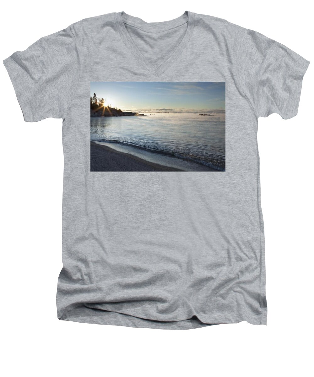 Clouds Men's V-Neck T-Shirt featuring the photograph Winter Mist On Lake Superior At Sunrise by Susan Dykstra
