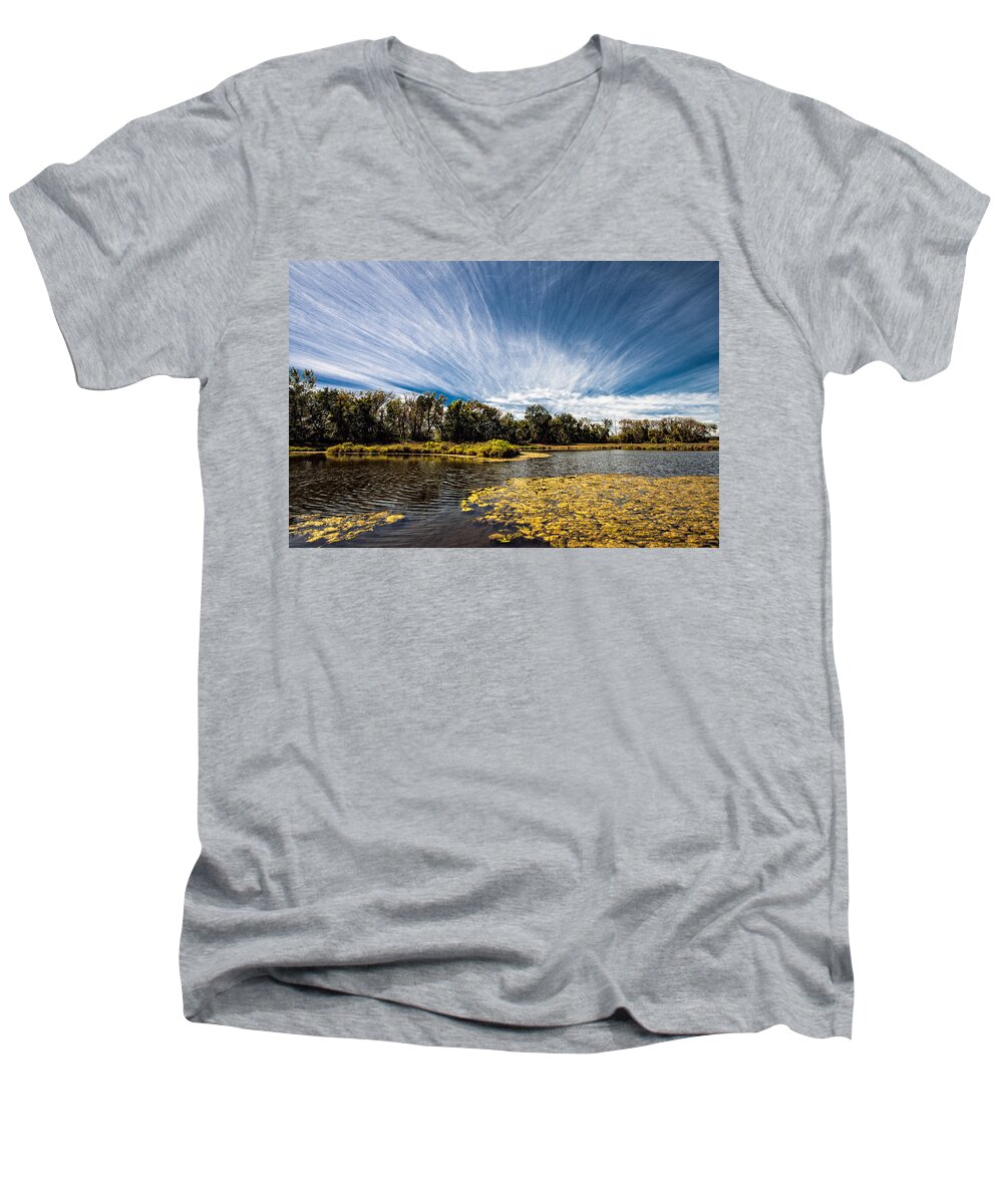 Landscape Clouds Sky Water Lake Pond Trees Rochester Minnesota Summer Fall Autumn Blue White Green Yellow Men's V-Neck T-Shirt featuring the photograph You CANNOT Be Cirrus by Tom Gort