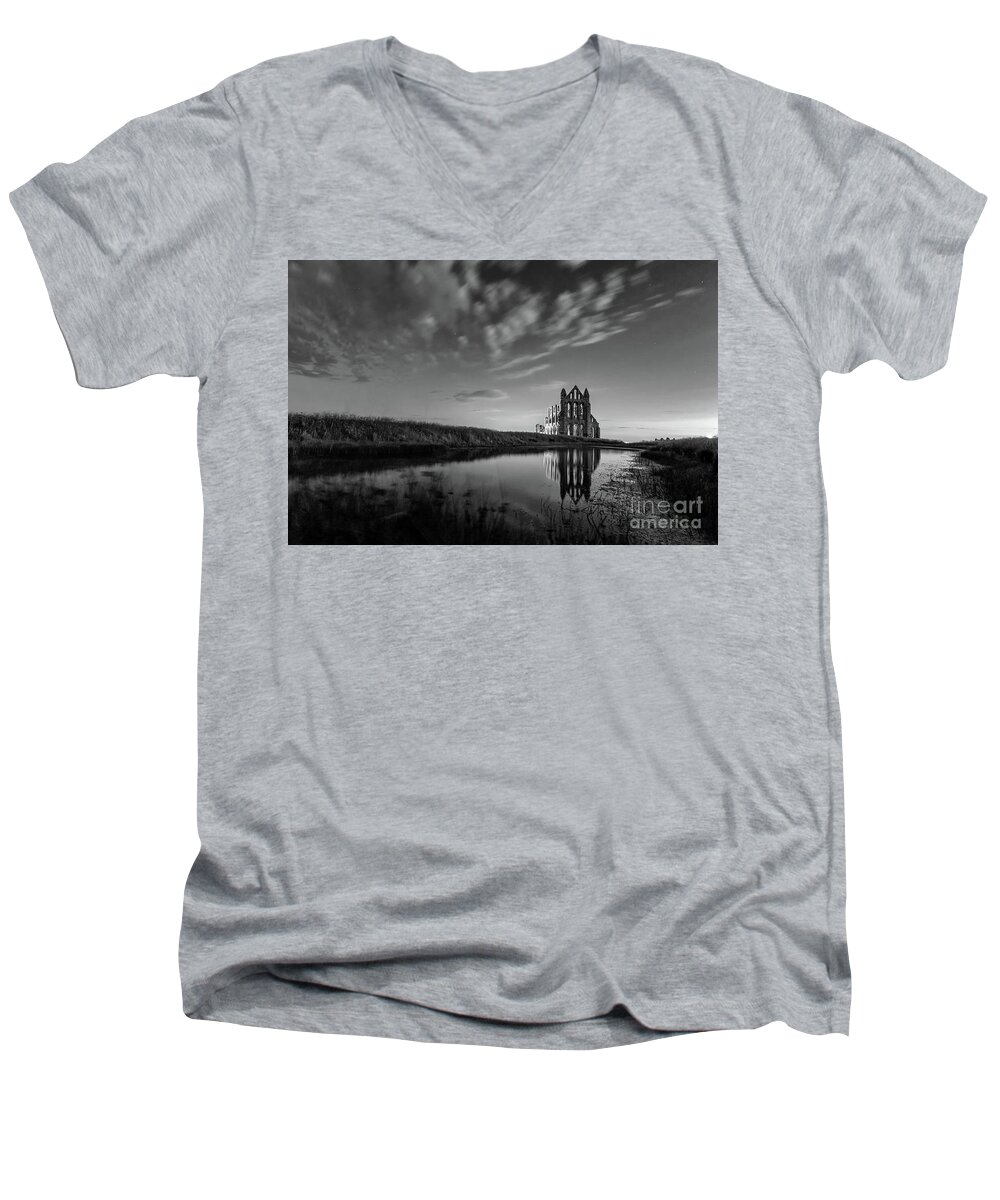 England Men's V-Neck T-Shirt featuring the photograph 02-29am in Whitby BW by Mariusz Talarek