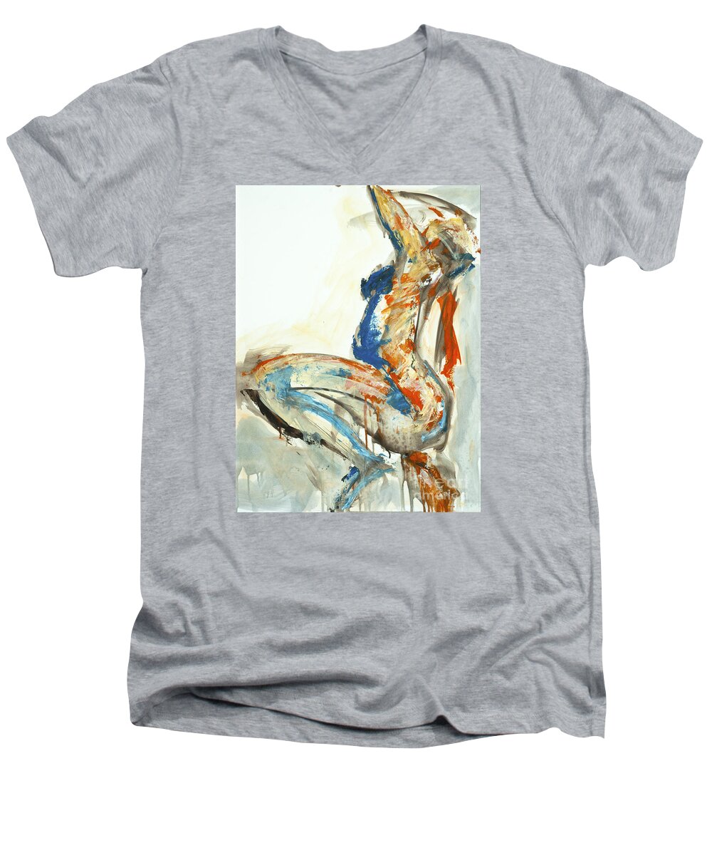 Gesture Men's V-Neck T-Shirt featuring the painting 04958 Suddenly by AnneKarin Glass