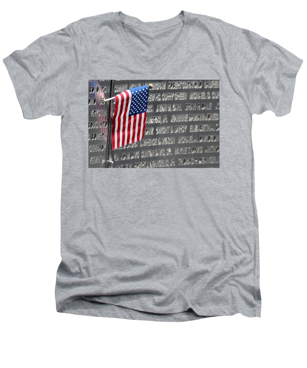 9-11 Men's V-Neck T-Shirt featuring the photograph 9 11 Memorial Rocky Point New York #1 by Bob Savage