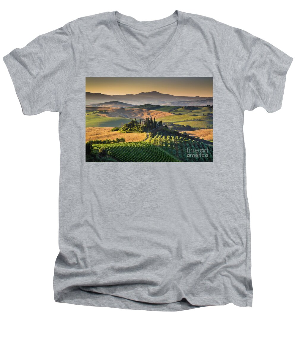 Agriculture Men's V-Neck T-Shirt featuring the photograph A Golden Morning in Tuscany #2 by JR Photography