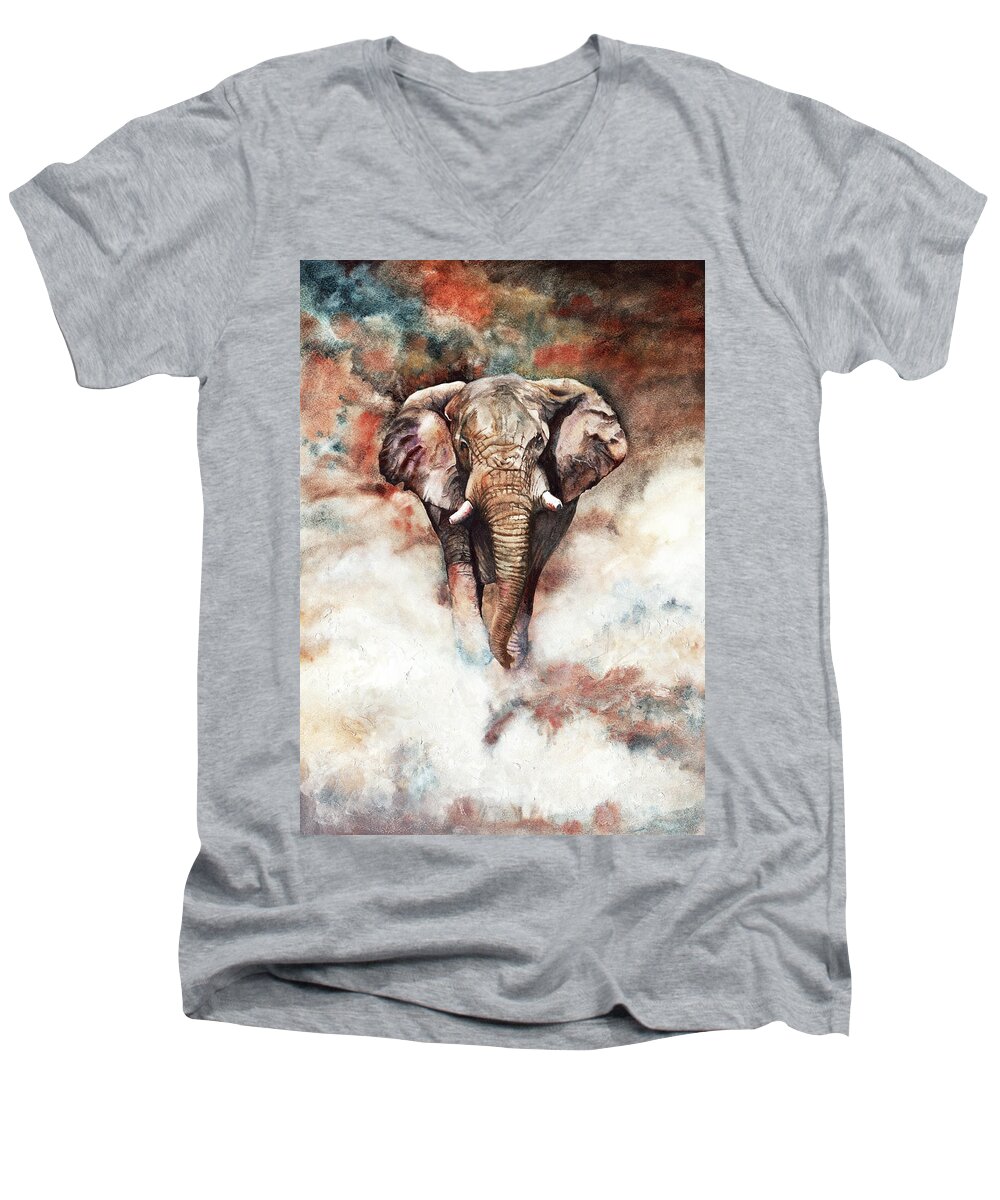 Elephant Men's V-Neck T-Shirt featuring the painting Approaching Menace #1 by Peter Williams