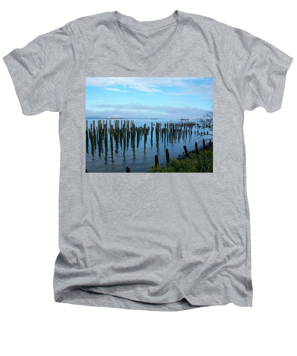 Ships Men's V-Neck T-Shirt featuring the photograph Astoria Ships II #1 by Quin Sweetman