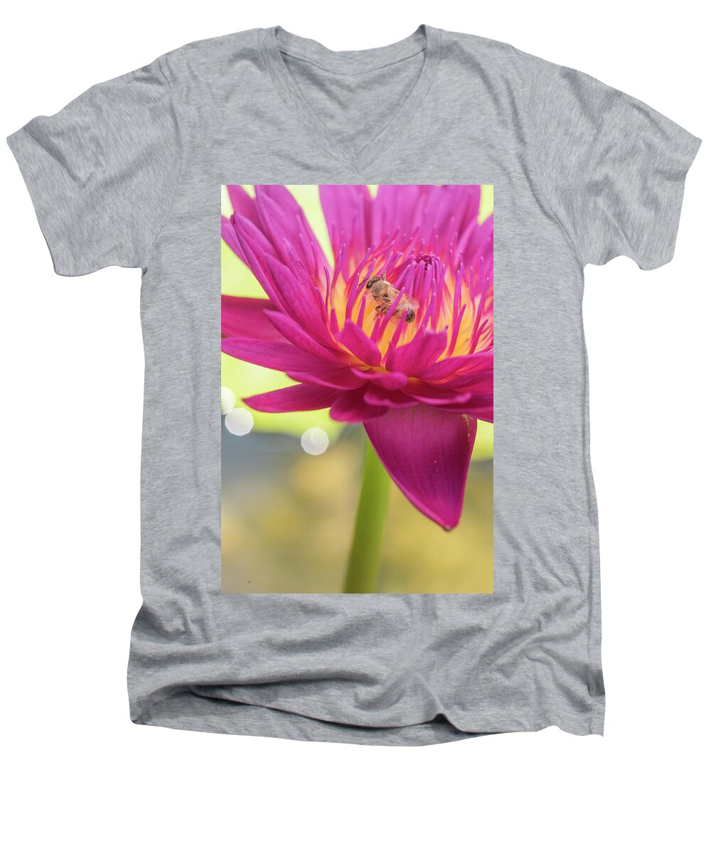 Lily Men's V-Neck T-Shirt featuring the photograph Attraction. #1 by Usha Peddamatham
