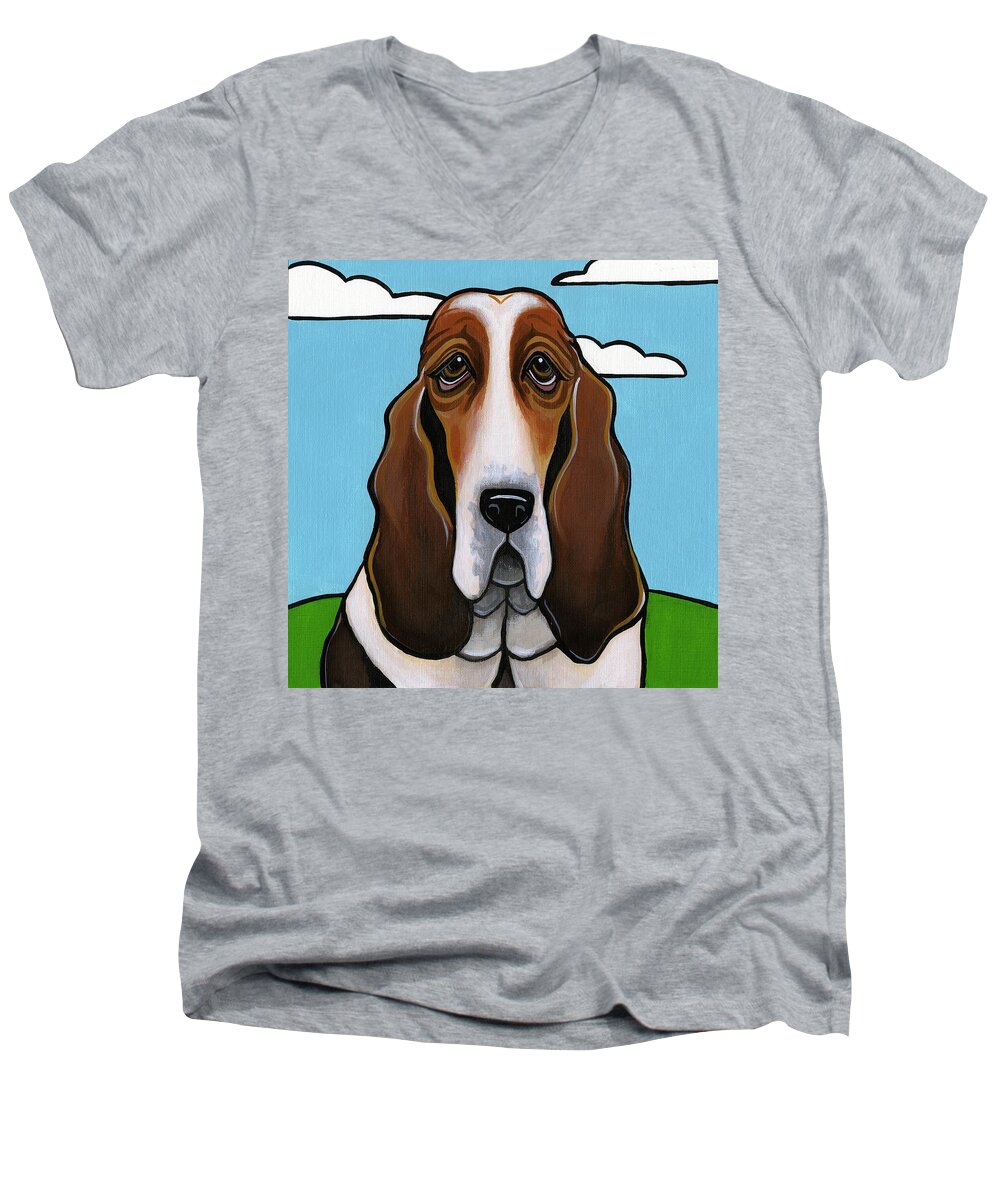 Dog Men's V-Neck T-Shirt featuring the painting Basset Hound #1 by Leanne Wilkes