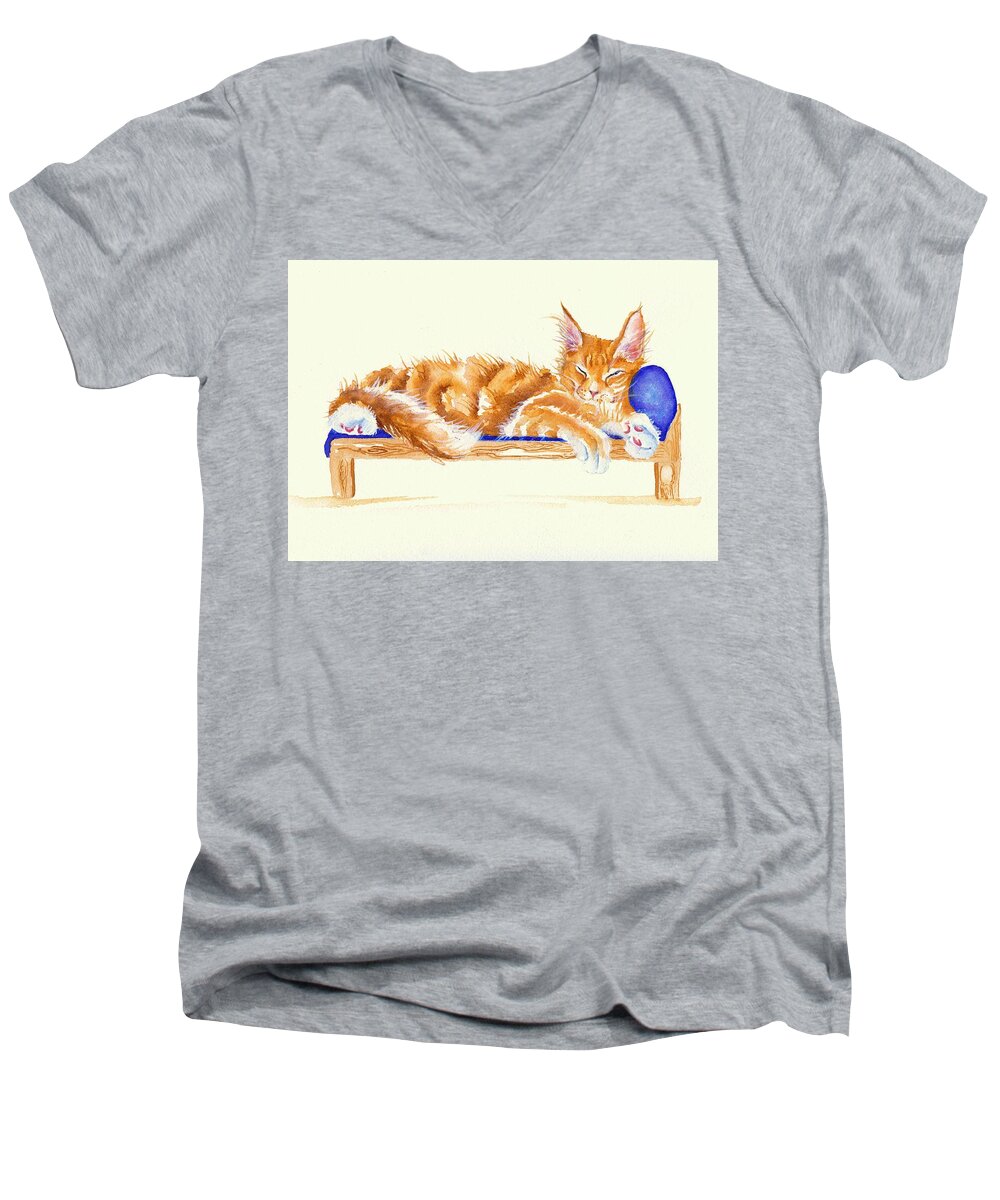 Cats Men's V-Neck T-Shirt featuring the painting Bed Time by Debra Hall