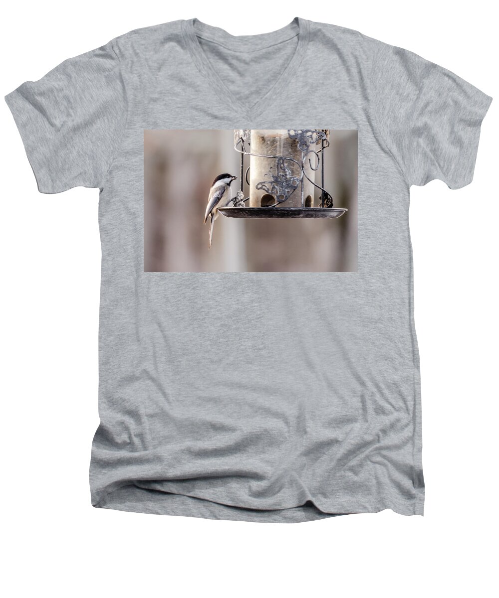 Black-capped Chickadee Men's V-Neck T-Shirt featuring the photograph Black-capped chickadee #1 by SAURAVphoto Online Store