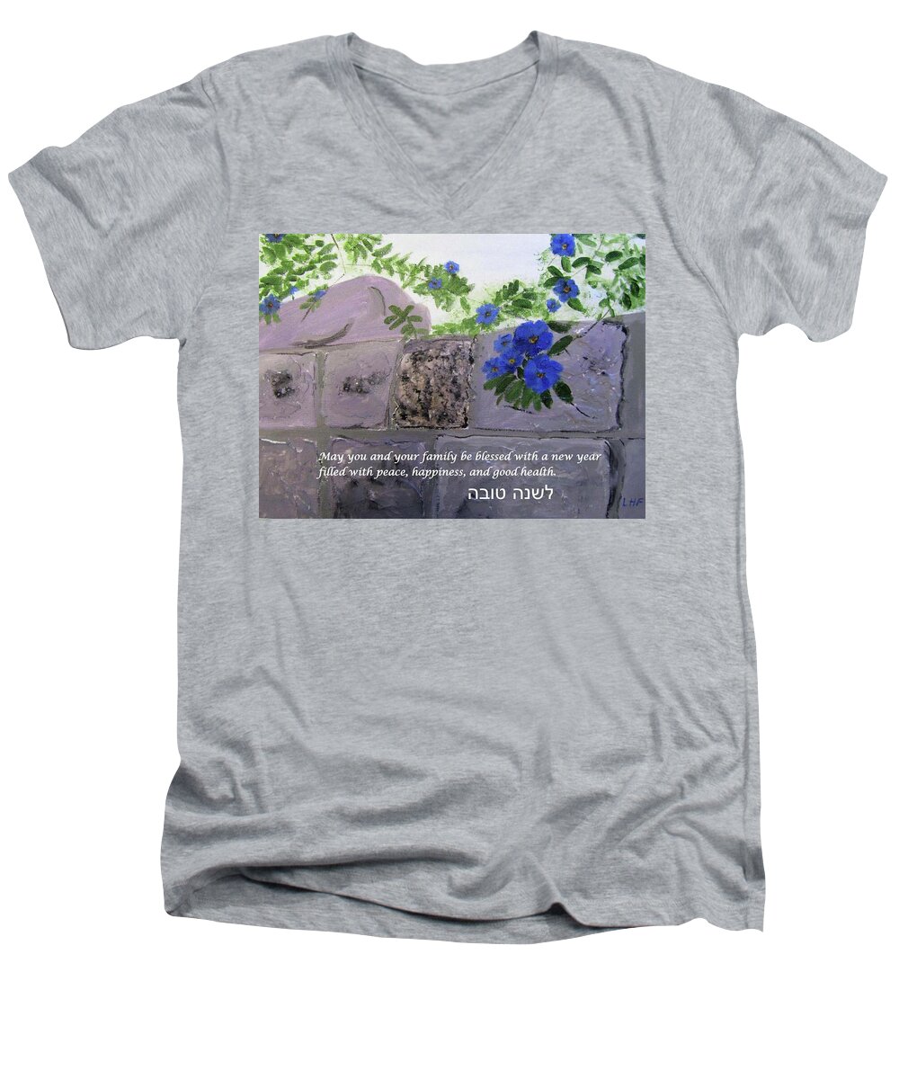Rosh Hashanah Men's V-Neck T-Shirt featuring the painting Blossoms along the wall #1 by Linda Feinberg