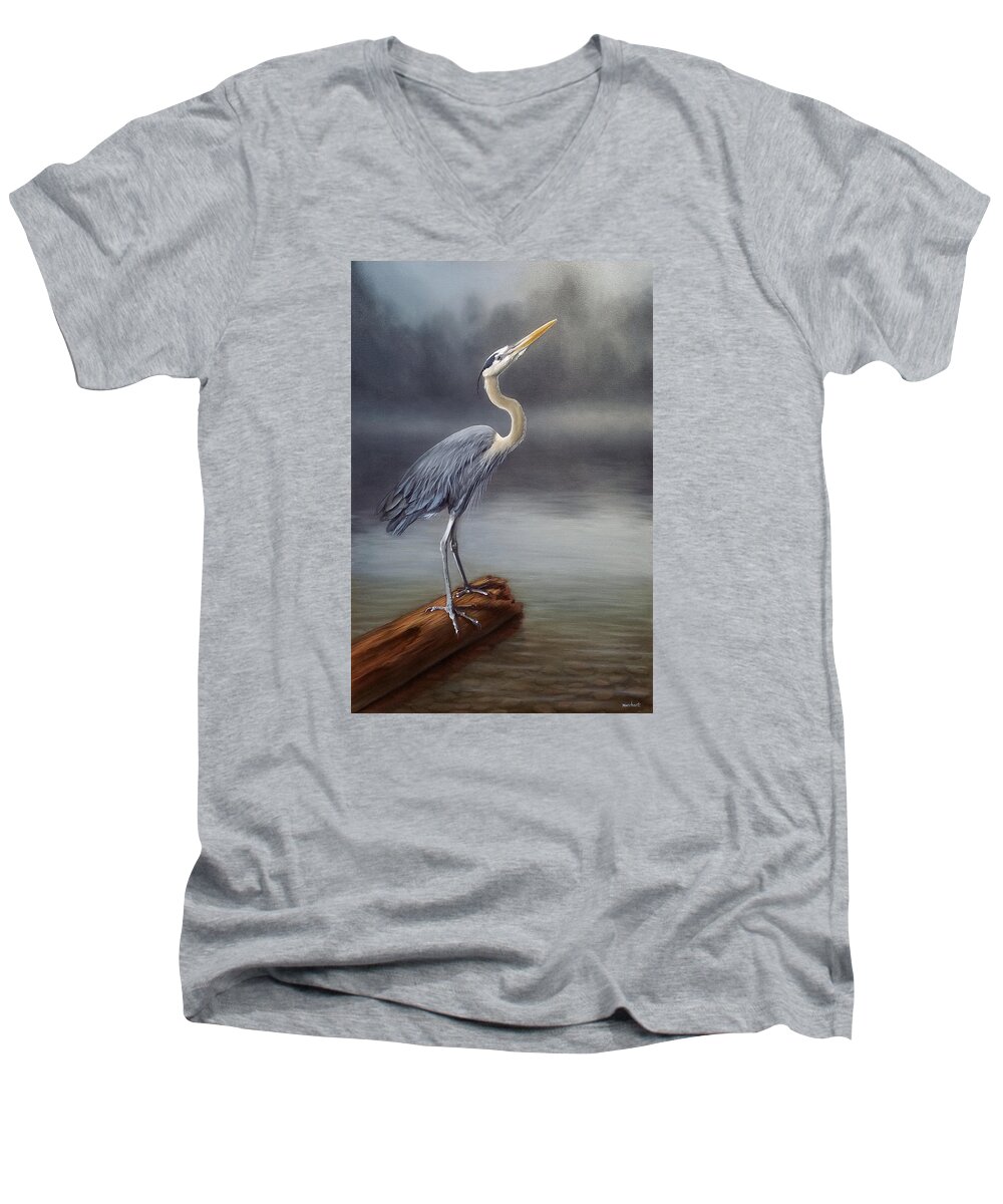 Oil Men's V-Neck T-Shirt featuring the painting Blue Heron #1 by Linda Merchant