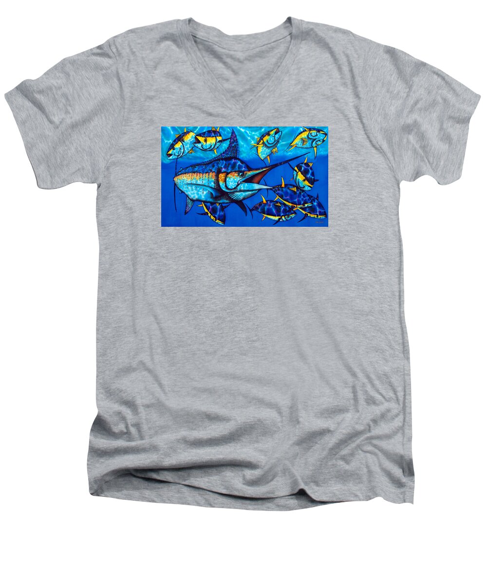  Yellowfin Tuna Men's V-Neck T-Shirt featuring the painting Blue Marlin #2 by Daniel Jean-Baptiste