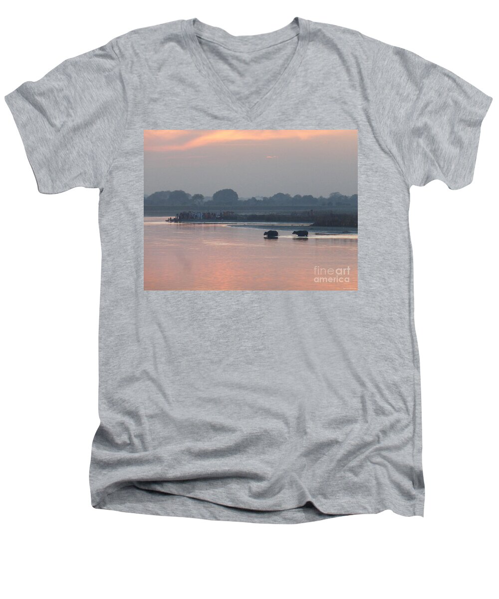 Buffalo Men's V-Neck T-Shirt featuring the photograph Buffalos crossing The Yamuna river by Jean luc Comperat