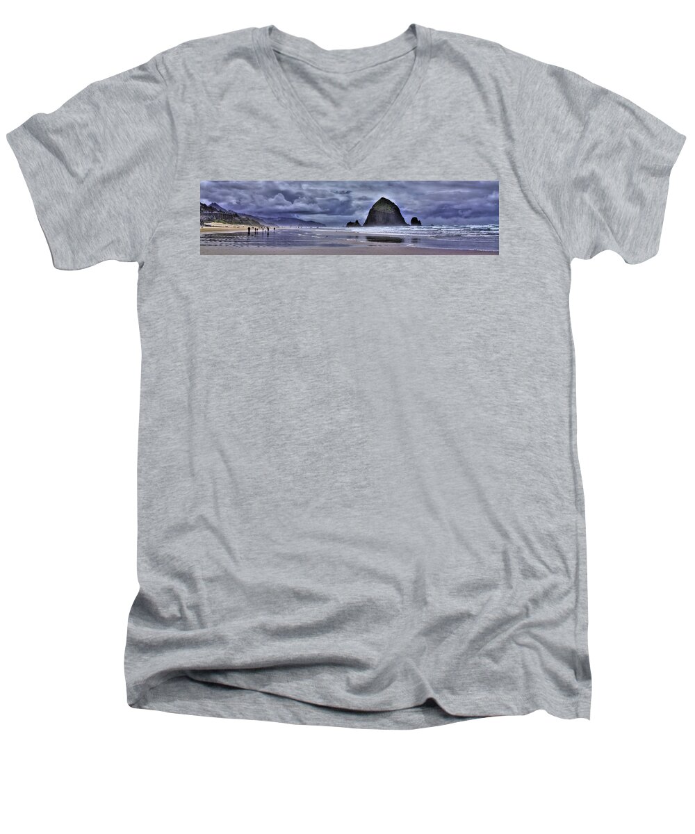 Cannon Beach Panorama Men's V-Neck T-Shirt featuring the photograph Cannon Beach Panorama #2 by David Patterson