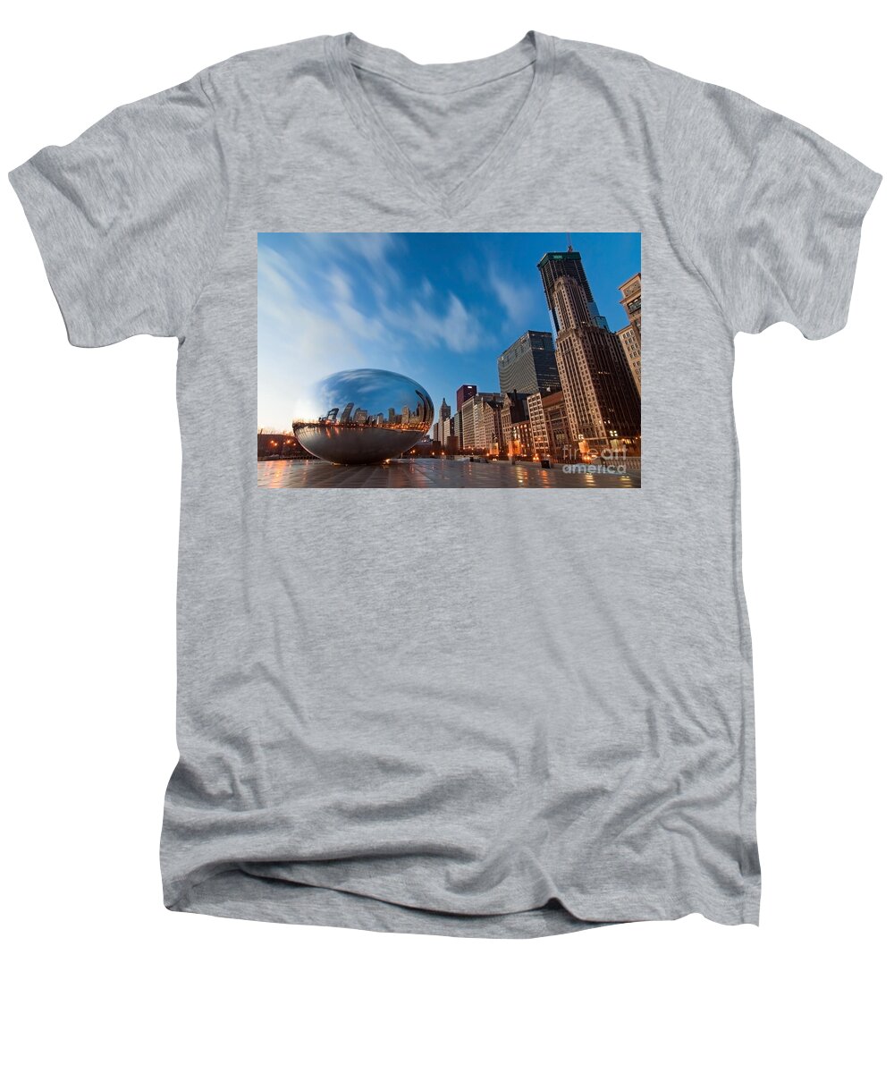 Chicago Skyline Men's V-Neck T-Shirt featuring the photograph Chicago Skyline and bean at sunrise #1 by Sven Brogren