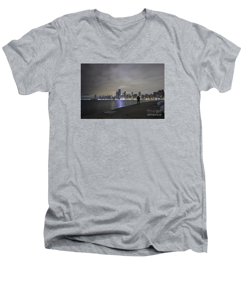 Chicago Men's V-Neck T-Shirt featuring the photograph Chicago Skyline at night #1 by Keith Kapple