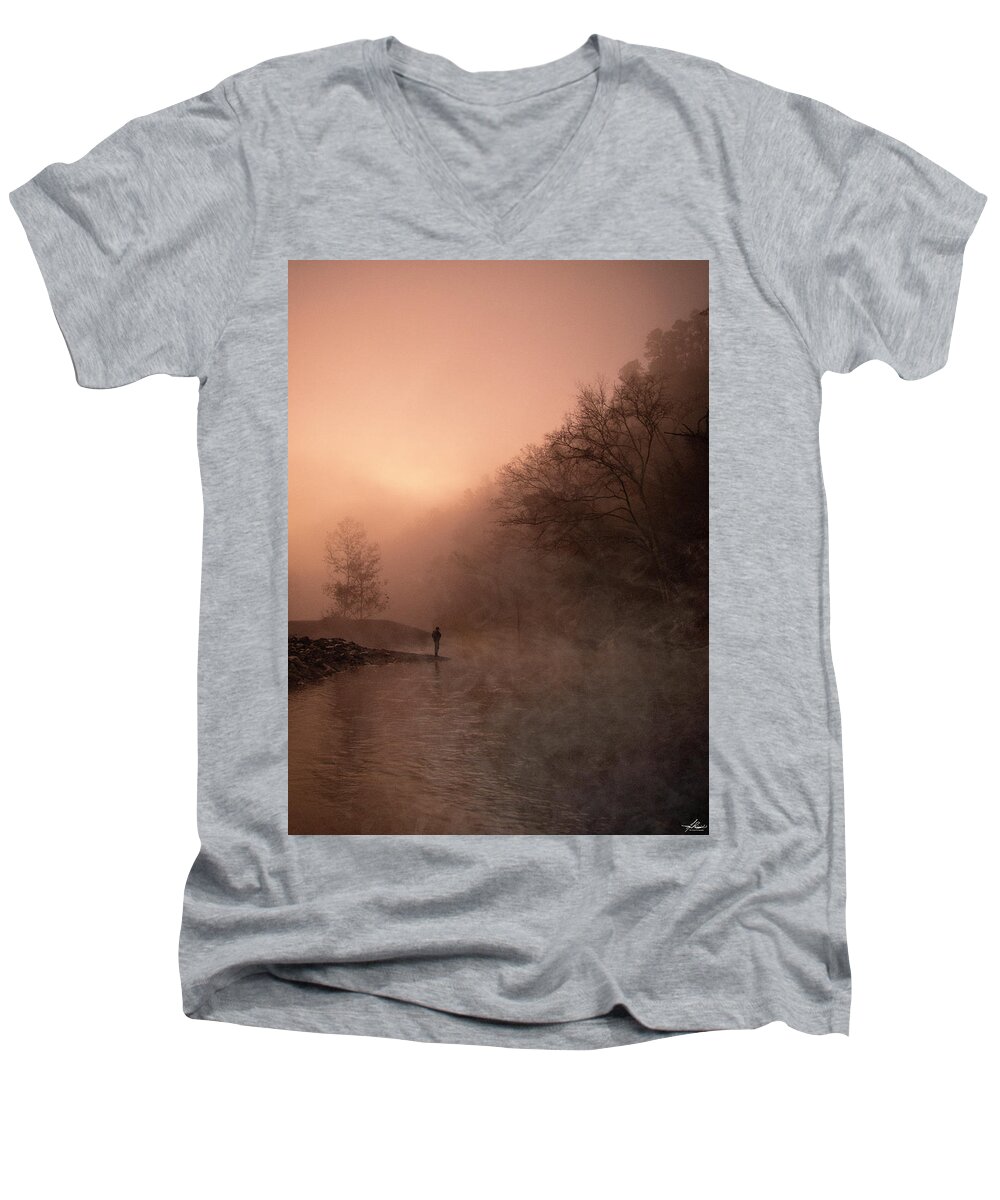 Lmf Men's V-Neck T-Shirt featuring the photograph Dawn on the Lower Mountain Fork River #1 by Phil And Karen Rispin
