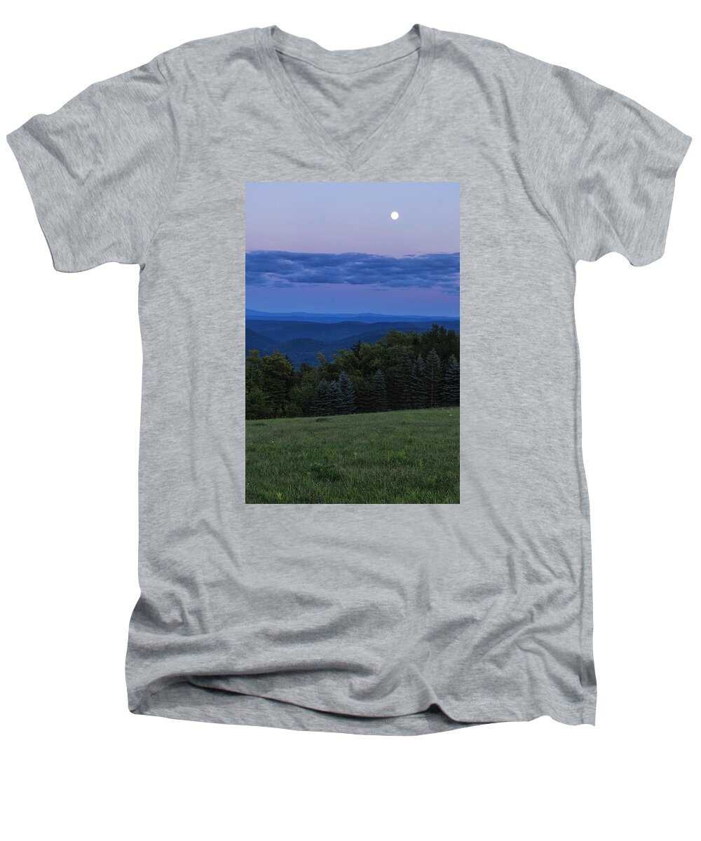 East Dover Vermont Men's V-Neck T-Shirt featuring the photograph East Dover Full Moon #1 by Tom Singleton