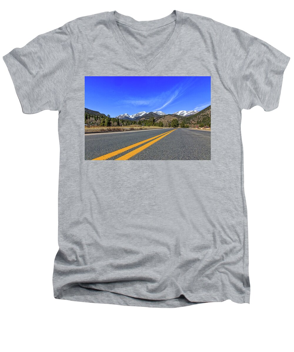 Mountain Men's V-Neck T-Shirt featuring the photograph Fall River Road with Mountain Background #1 by Peter Ciro