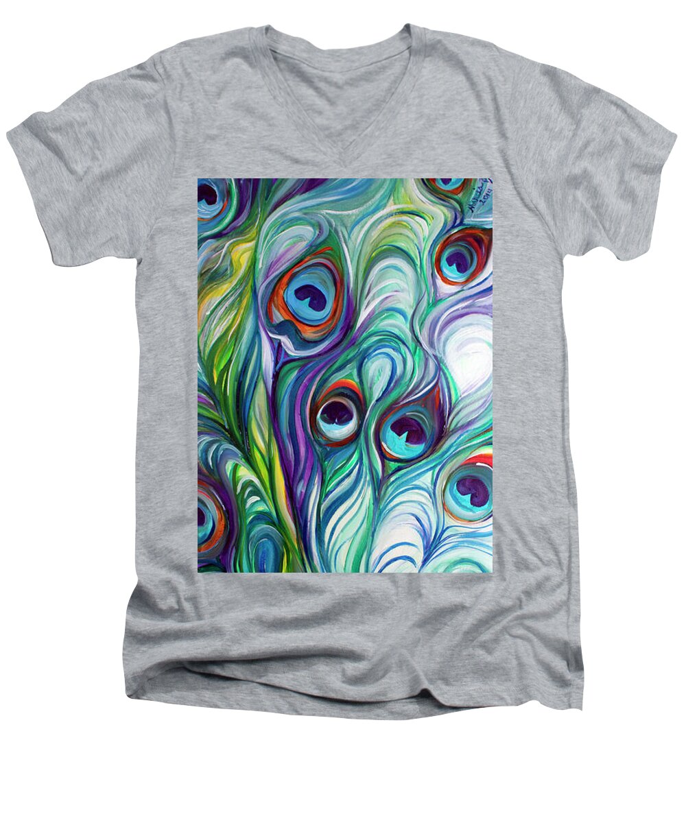 Peacock Men's V-Neck T-Shirt featuring the painting Feathers Peacock Abstract #1 by Marcia Baldwin