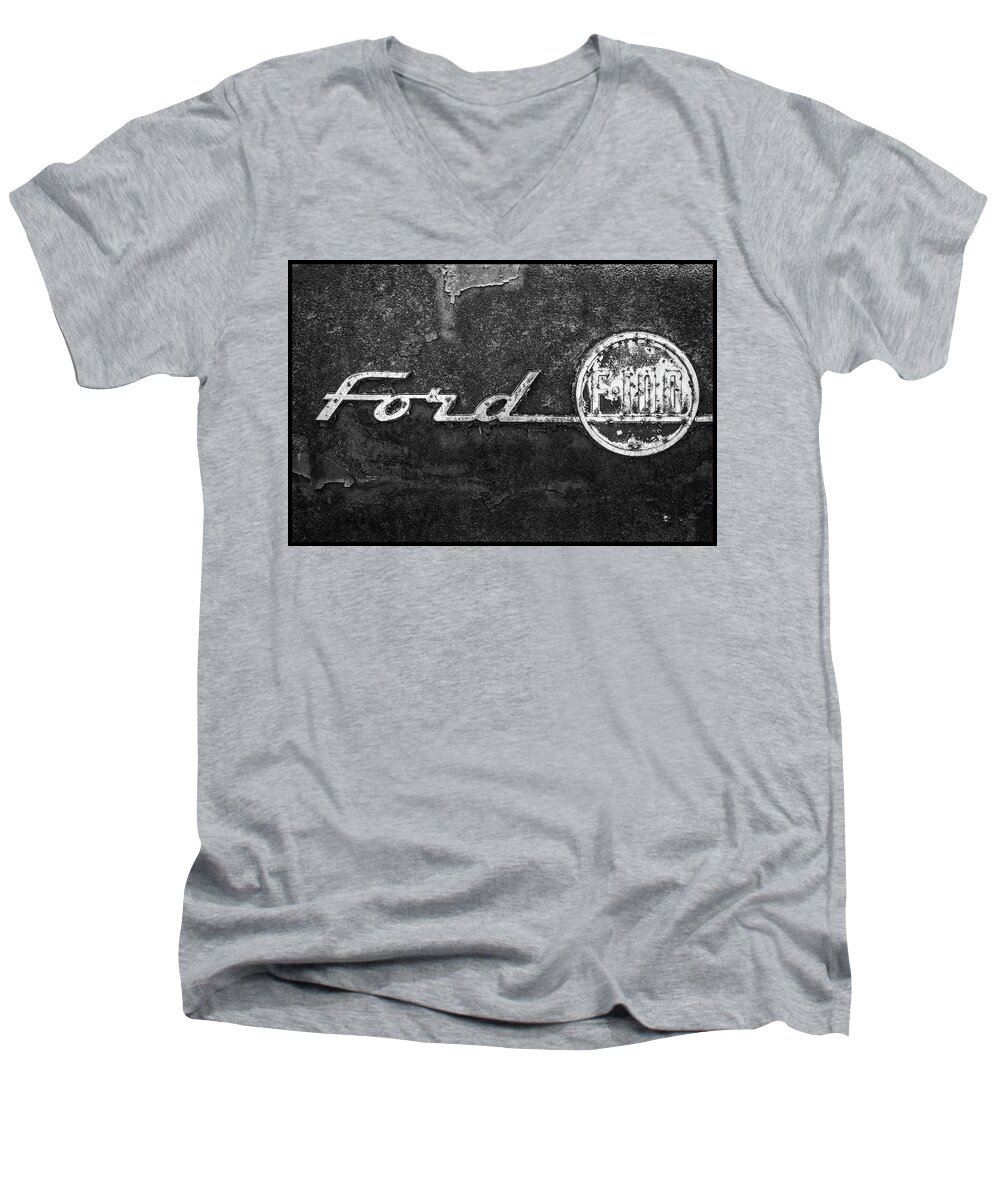 Ford F-100 Emblem Men's V-Neck T-Shirt featuring the photograph Ford F-100 Emblem On A Rusted Hood #1 by Matthew Pace