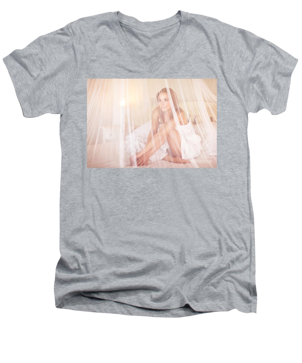 Adult Men's V-Neck T-Shirt featuring the photograph Gentle woman in the bed #1 by Anna Om