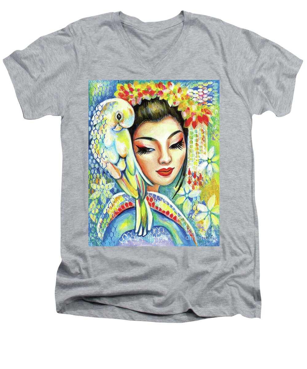 Woman And Parrot Men's V-Neck T-Shirt featuring the painting Harmony by Eva Campbell