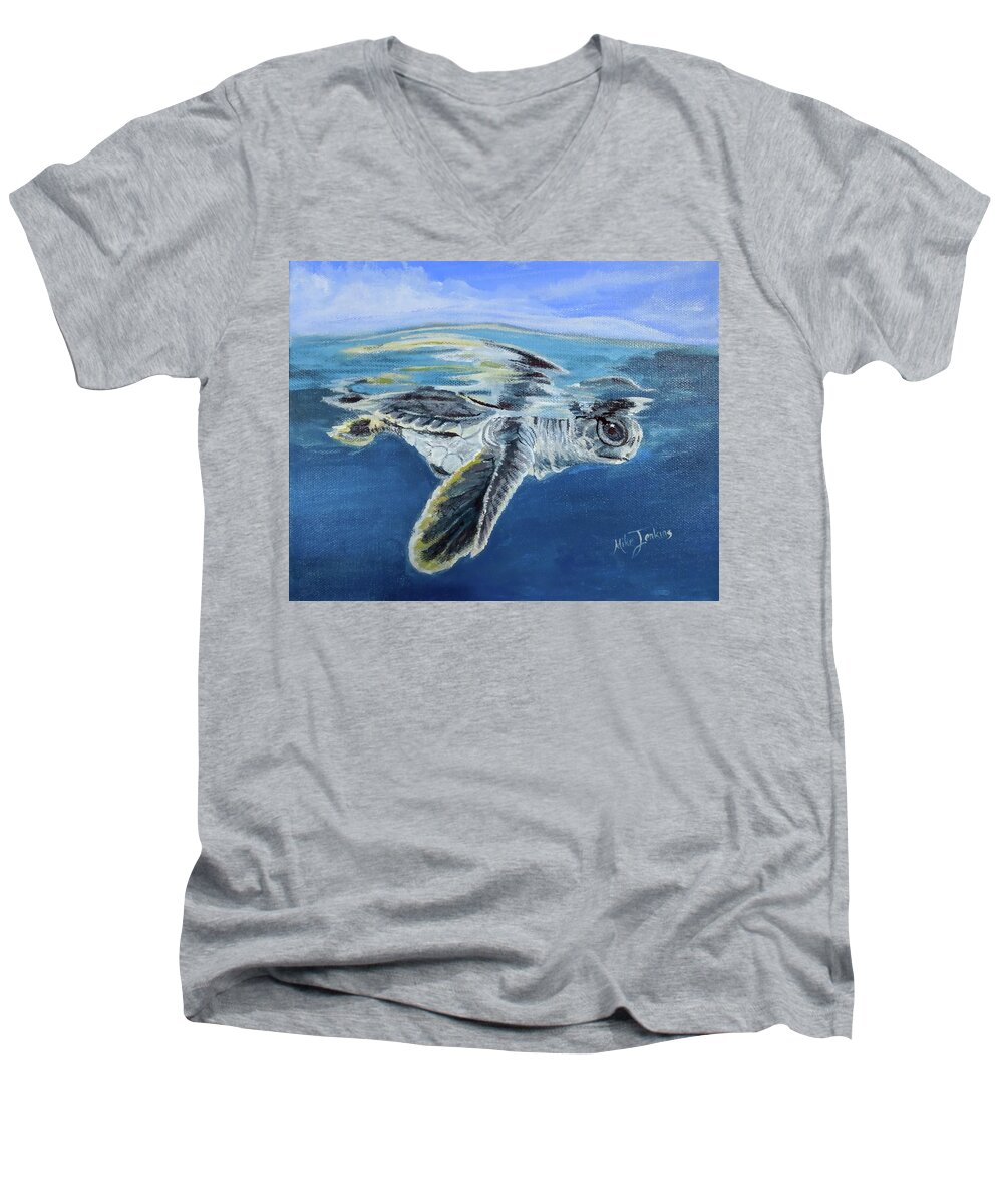 Hatchling Men's V-Neck T-Shirt featuring the painting Hatchling #1 by Mike Jenkins