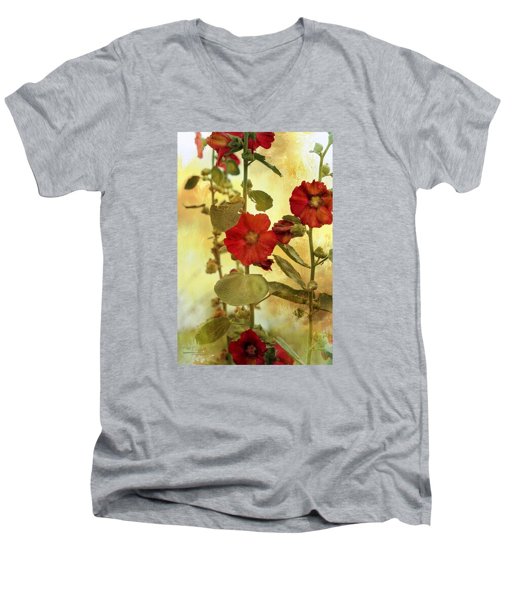 Theresa Campbell Men's V-Neck T-Shirt featuring the photograph HollyHocks #2 by Theresa Campbell