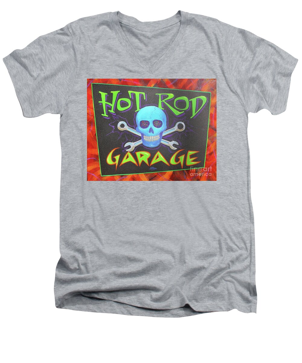 Hot Rods Men's V-Neck T-Shirt featuring the painting Hot Rod Garage #1 by Alan Johnson