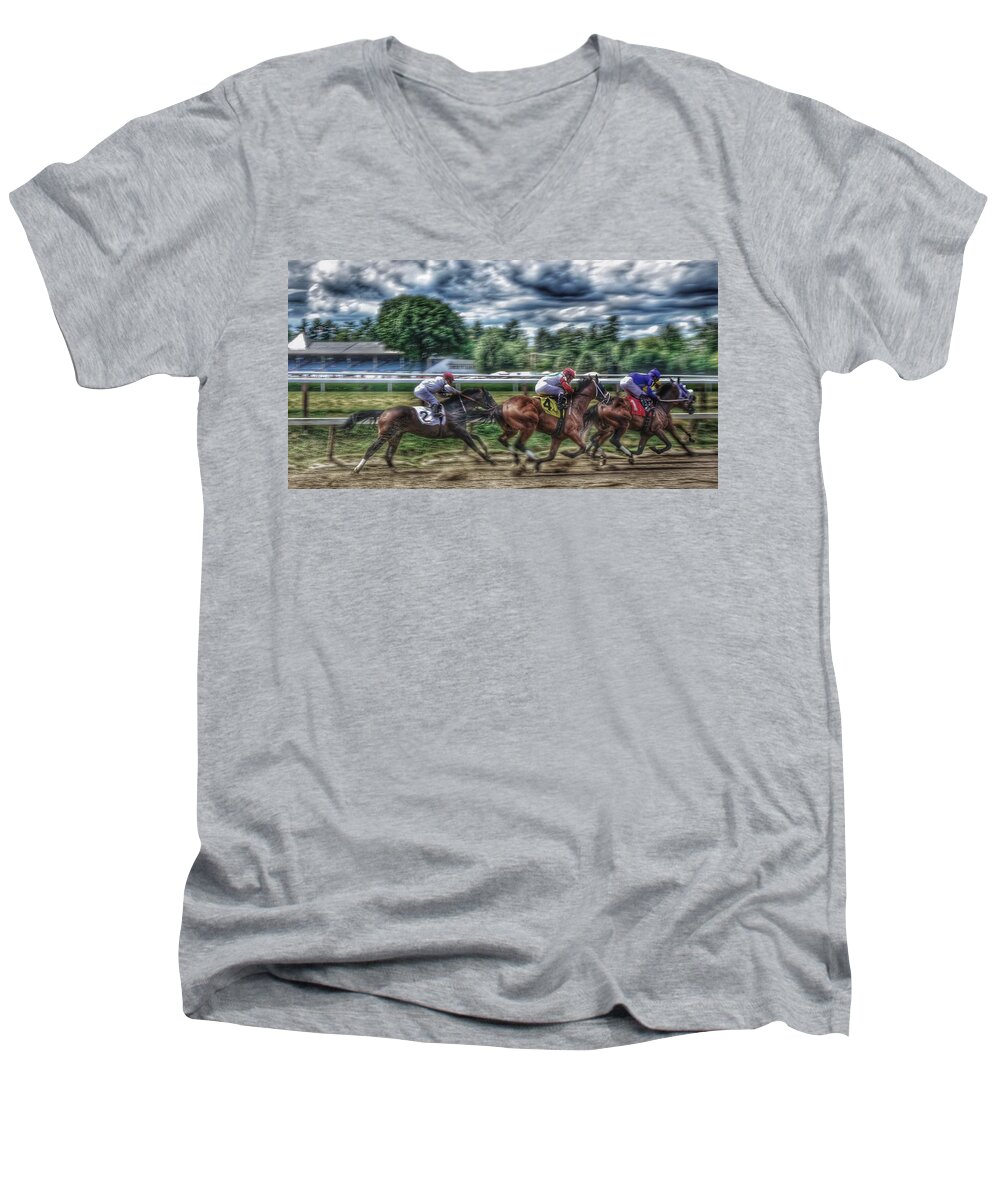 Race Horses Men's V-Neck T-Shirt featuring the photograph Intensity #1 by Jeffrey PERKINS