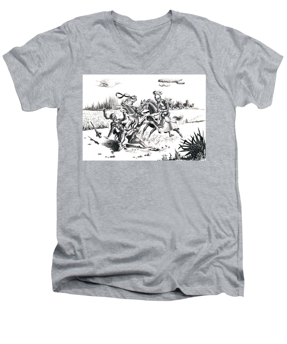 Horses Men's V-Neck T-Shirt featuring the drawing Joust #1 by Dale Turner
