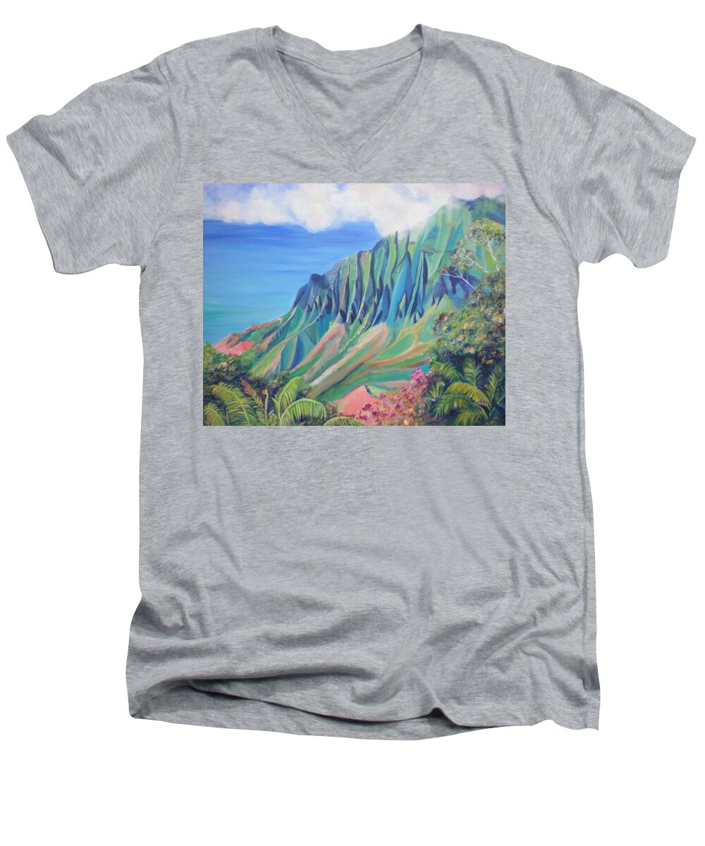 Kauai Men's V-Neck T-Shirt featuring the painting Kalalau Valley by Marionette Taboniar