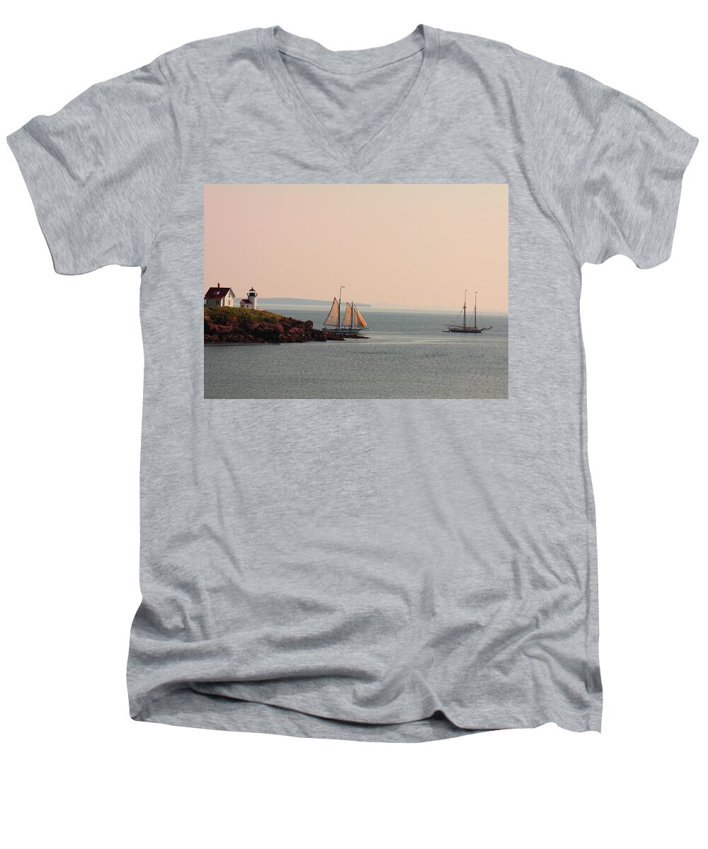 Seascape Men's V-Neck T-Shirt featuring the photograph Leaving Camden Harbor #1 by Doug Mills