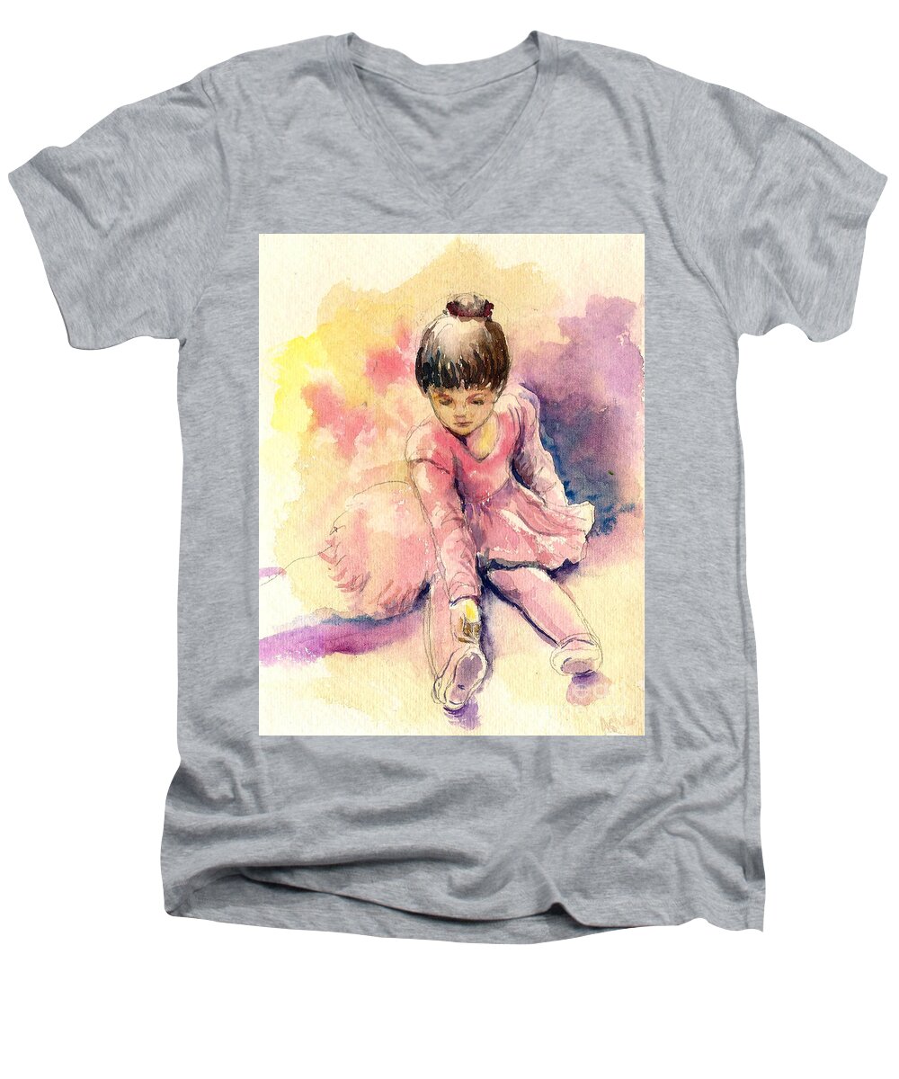 Ballerina Men's V-Neck T-Shirt featuring the painting Little Ballerina #1 by Asha Sudhaker Shenoy