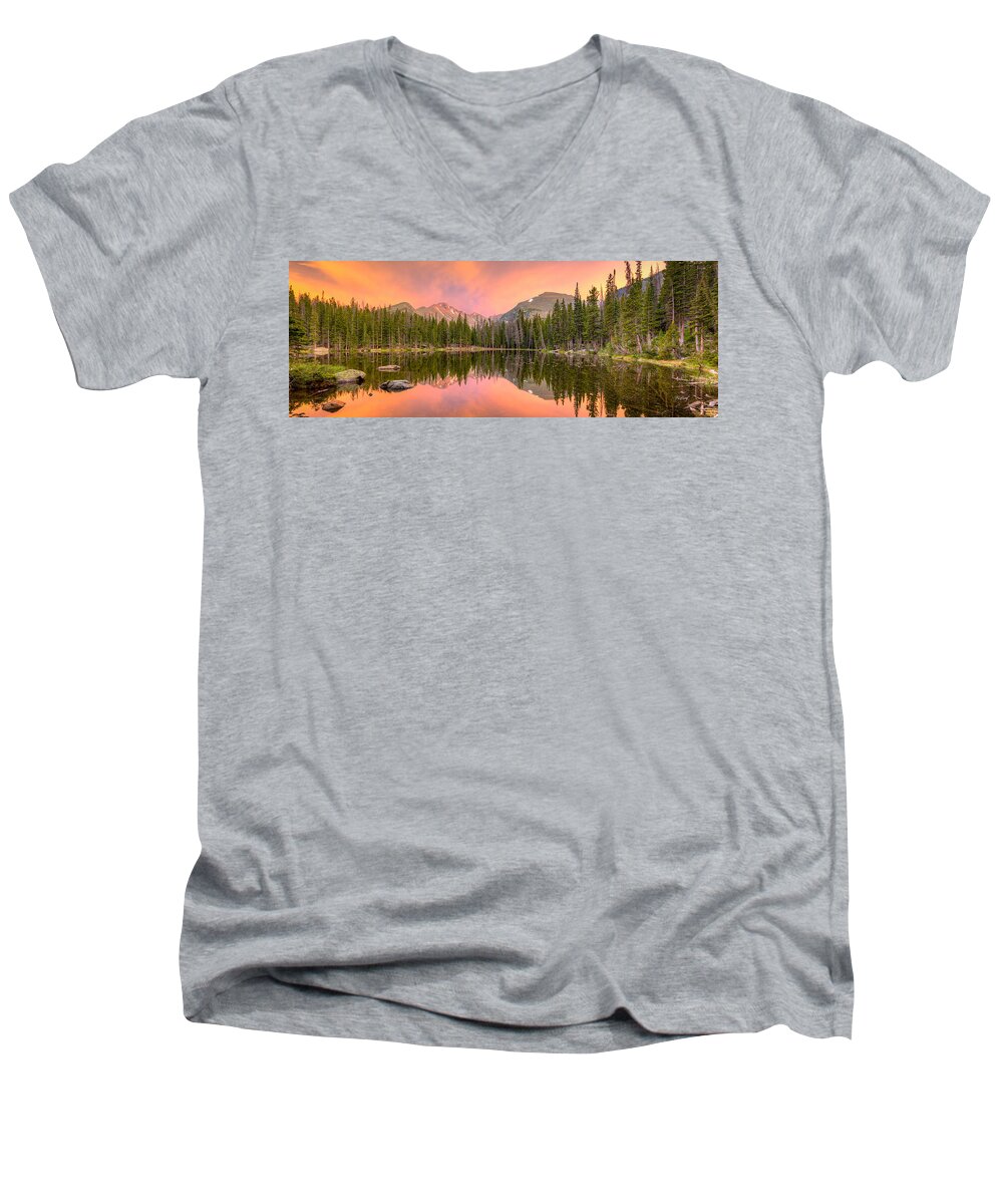 Sunset Men's V-Neck T-Shirt featuring the photograph Long's Peak from Nymph Lake at Sunset #1 by Fred J Lord