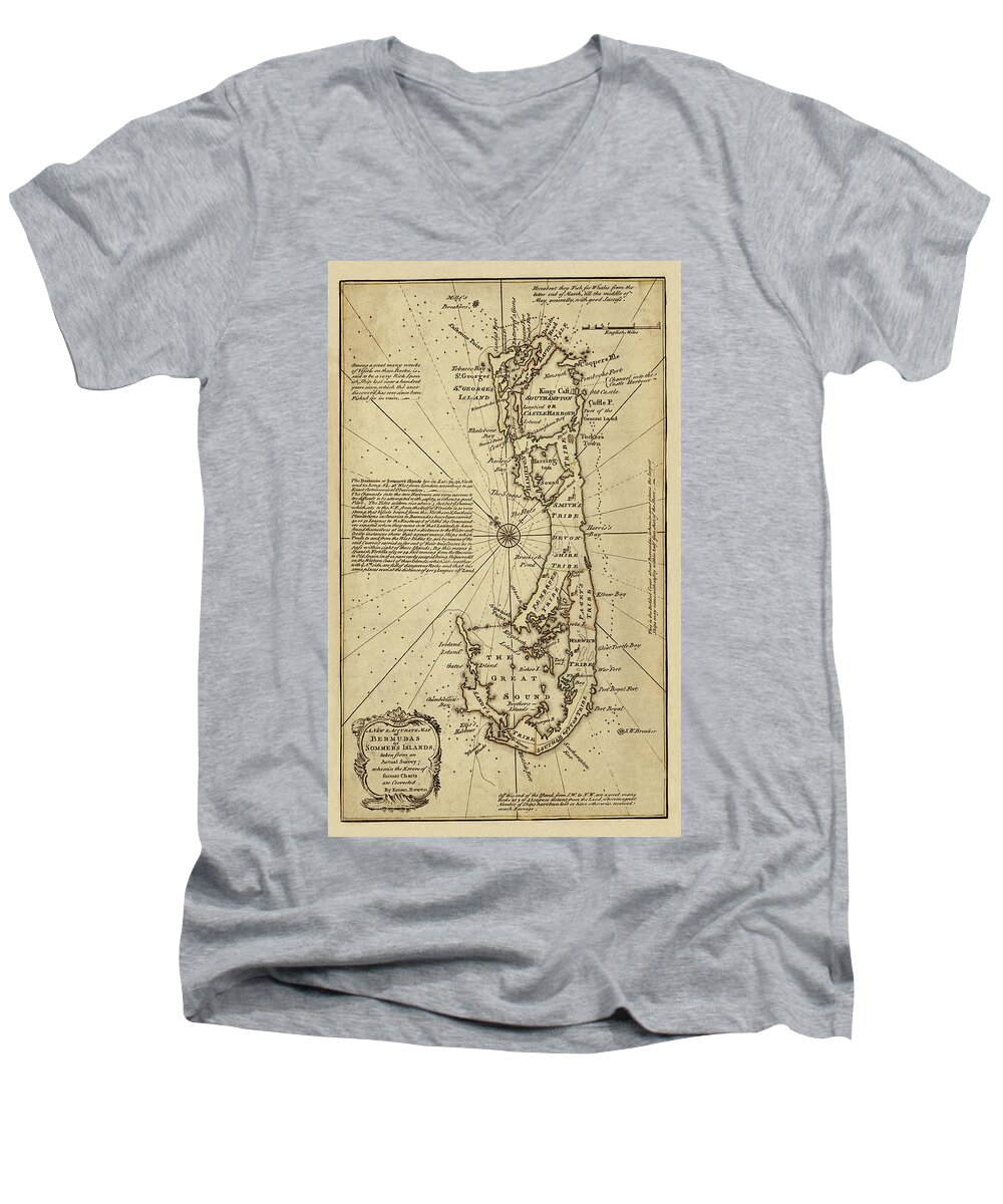 Map Of Bermuda Men's V-Neck T-Shirt featuring the photograph Map Of Bermuda 1750 #2 by Andrew Fare