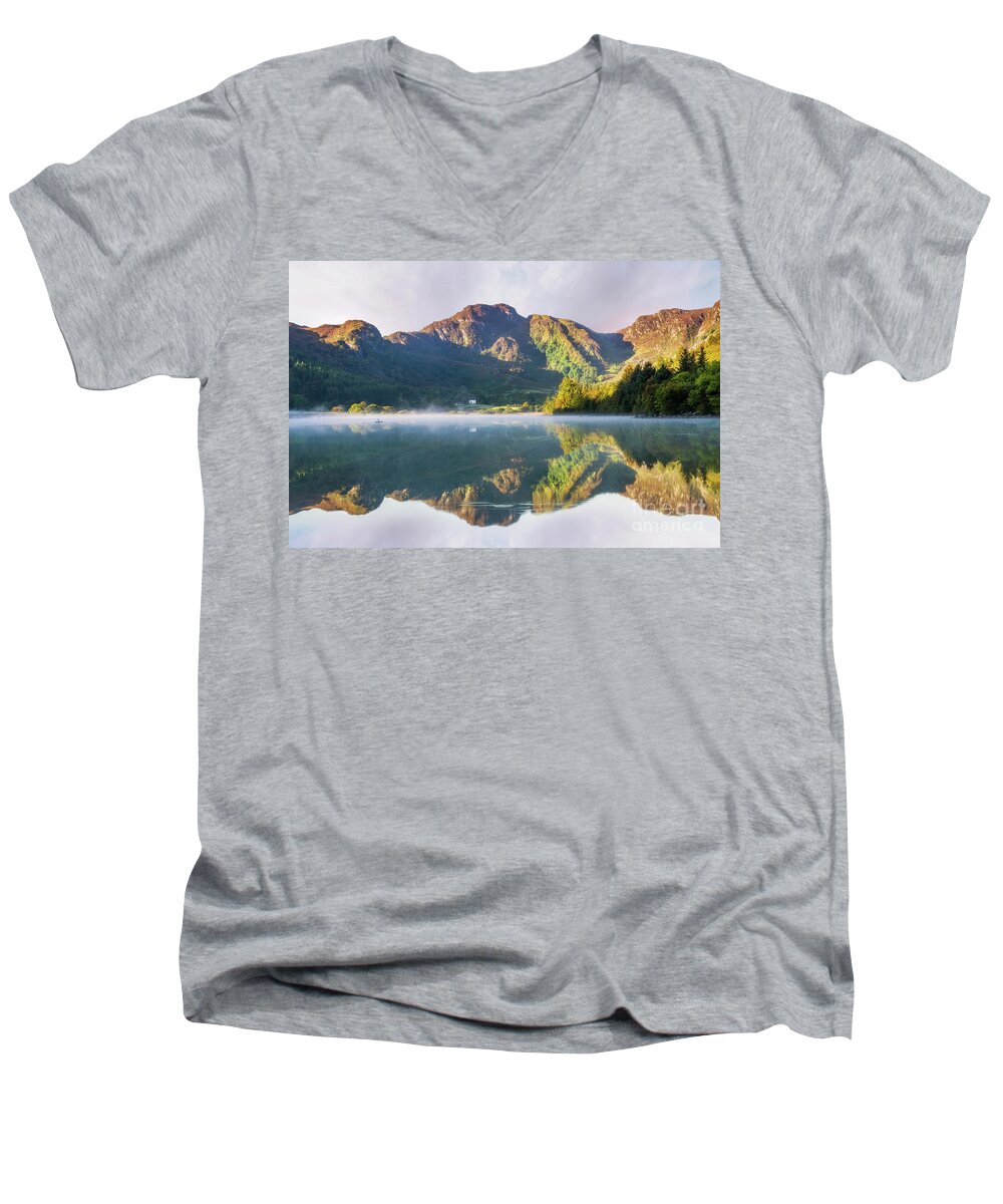 Snowdonia Men's V-Neck T-Shirt featuring the photograph Misty Dawn Lake #1 by Ian Mitchell