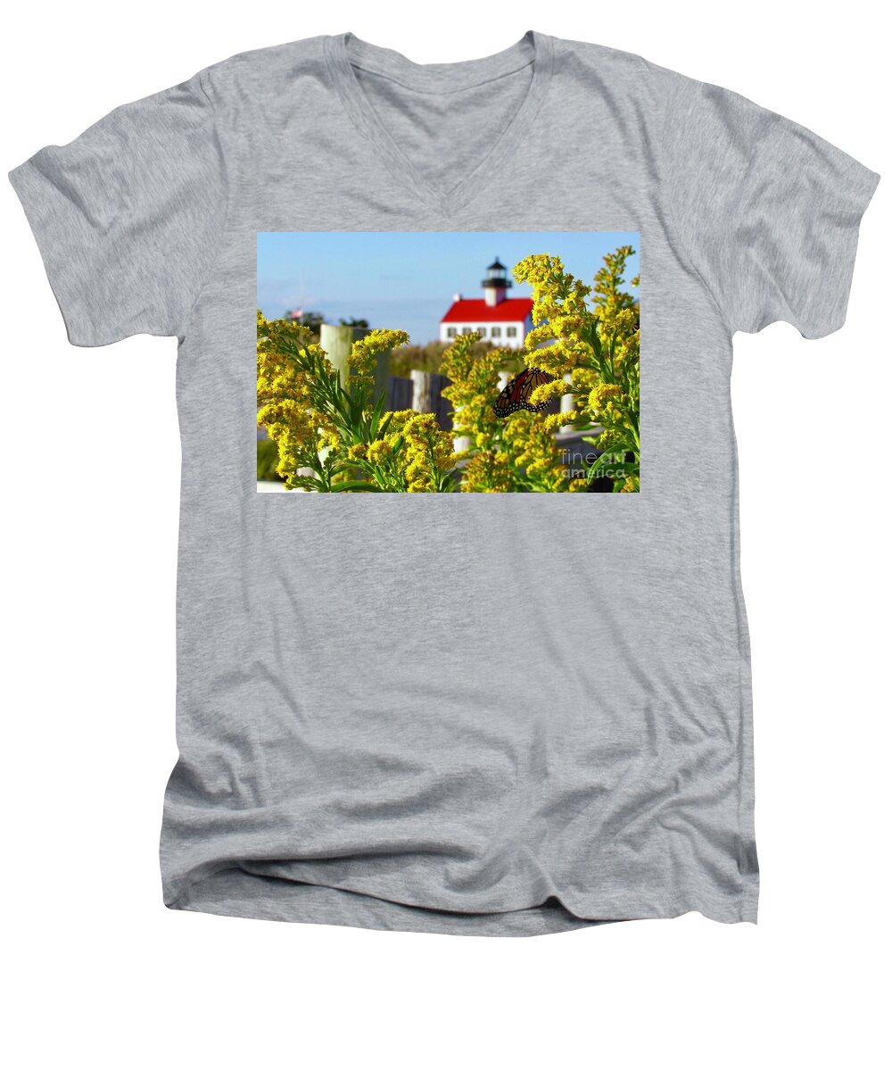 East Point Lighthouse Men's V-Neck T-Shirt featuring the photograph Monarch at East Point Light #1 by Nancy Patterson