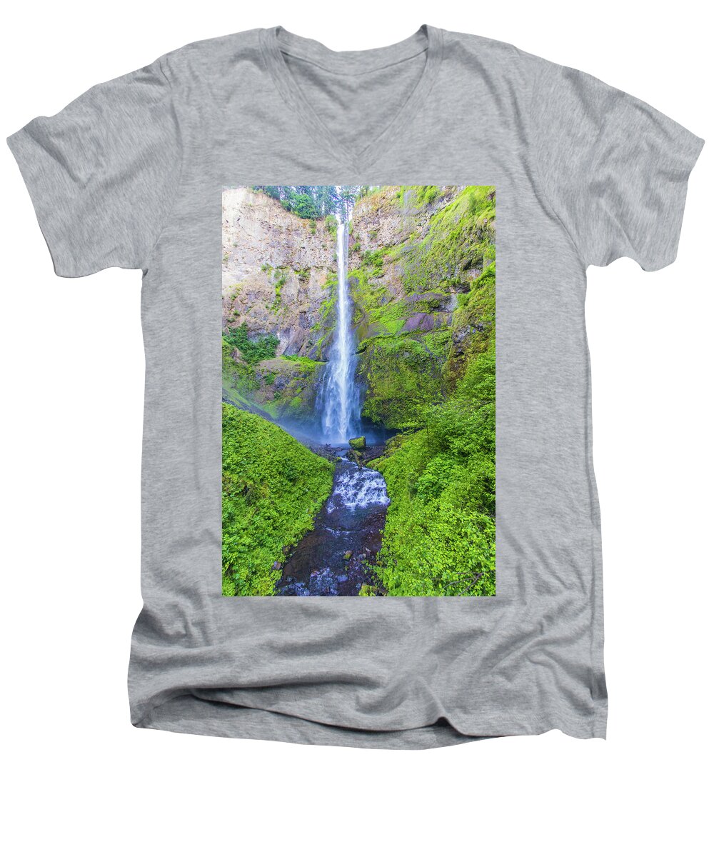 Oregon Men's V-Neck T-Shirt featuring the photograph Multnomah Falls #1 by Jonny D