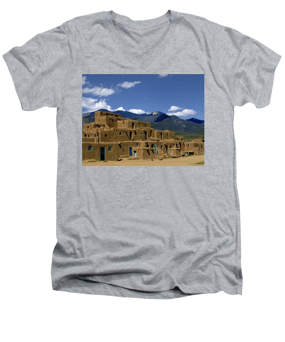 Taos Pueblo Men's V-Neck T-Shirt featuring the photograph North Pueblo Taos #1 by Kurt Van Wagner