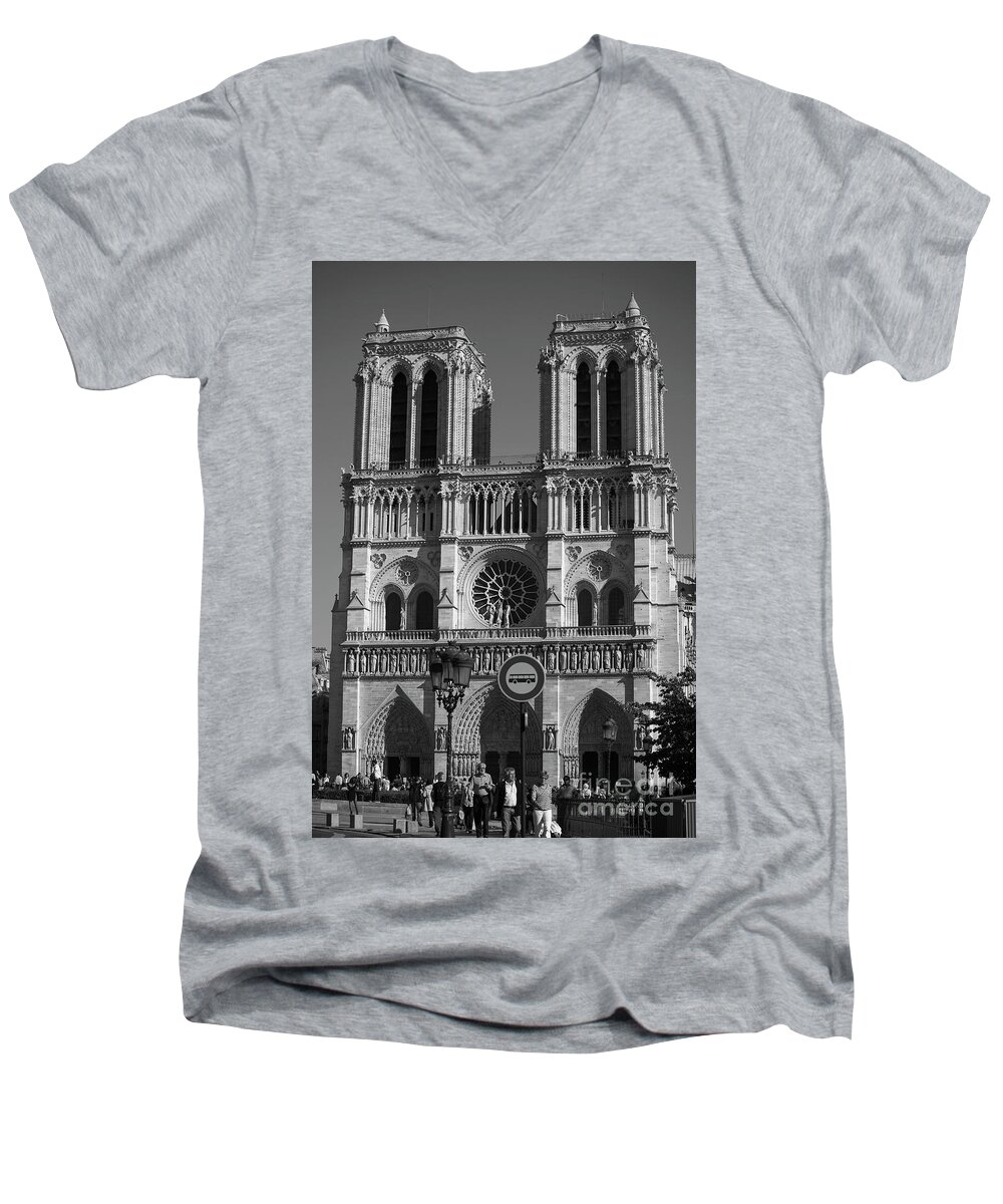 Dame Men's V-Neck T-Shirt featuring the photograph Notre Dame cathedral in black and white by Patricia Hofmeester