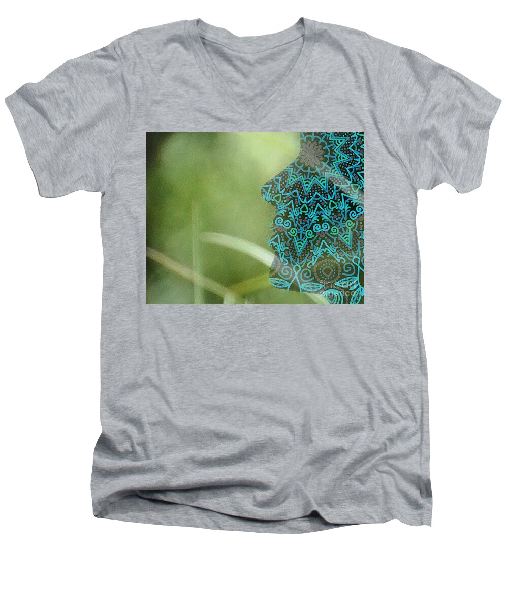 Mandala Men's V-Neck T-Shirt featuring the digital art Profile portrait of young beautiful woman. #1 by Shelley Myers