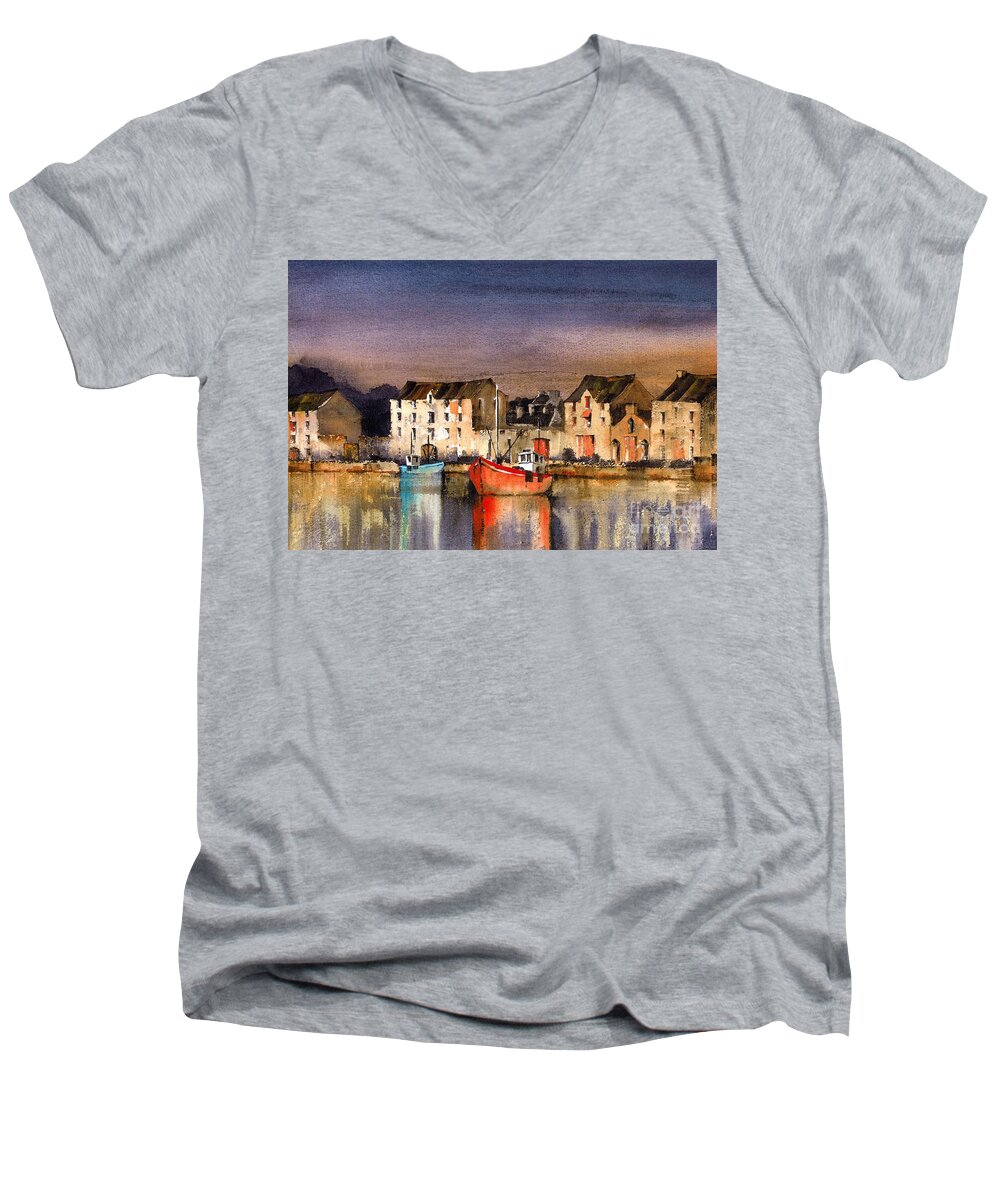 Donegal Men's V-Neck T-Shirt featuring the painting Ramelton Dusk, Donegal. #2 by Val Byrne