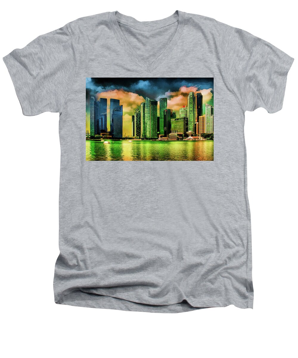 Cityscape Men's V-Neck T-Shirt featuring the mixed media Singapore Skyline #1 by Joseph Hollingsworth